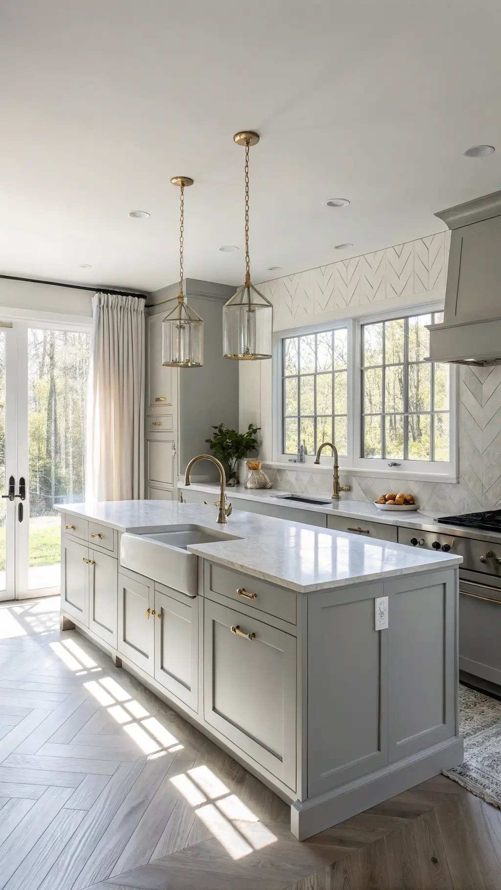 Bright and modern kitchen with dove grey Shaker cabinets, white quartz island countertop, brass pendant lights, and chevron white marble backsplash. Room is filled with morning sunlight streaming through large window with sheer linen curtains.