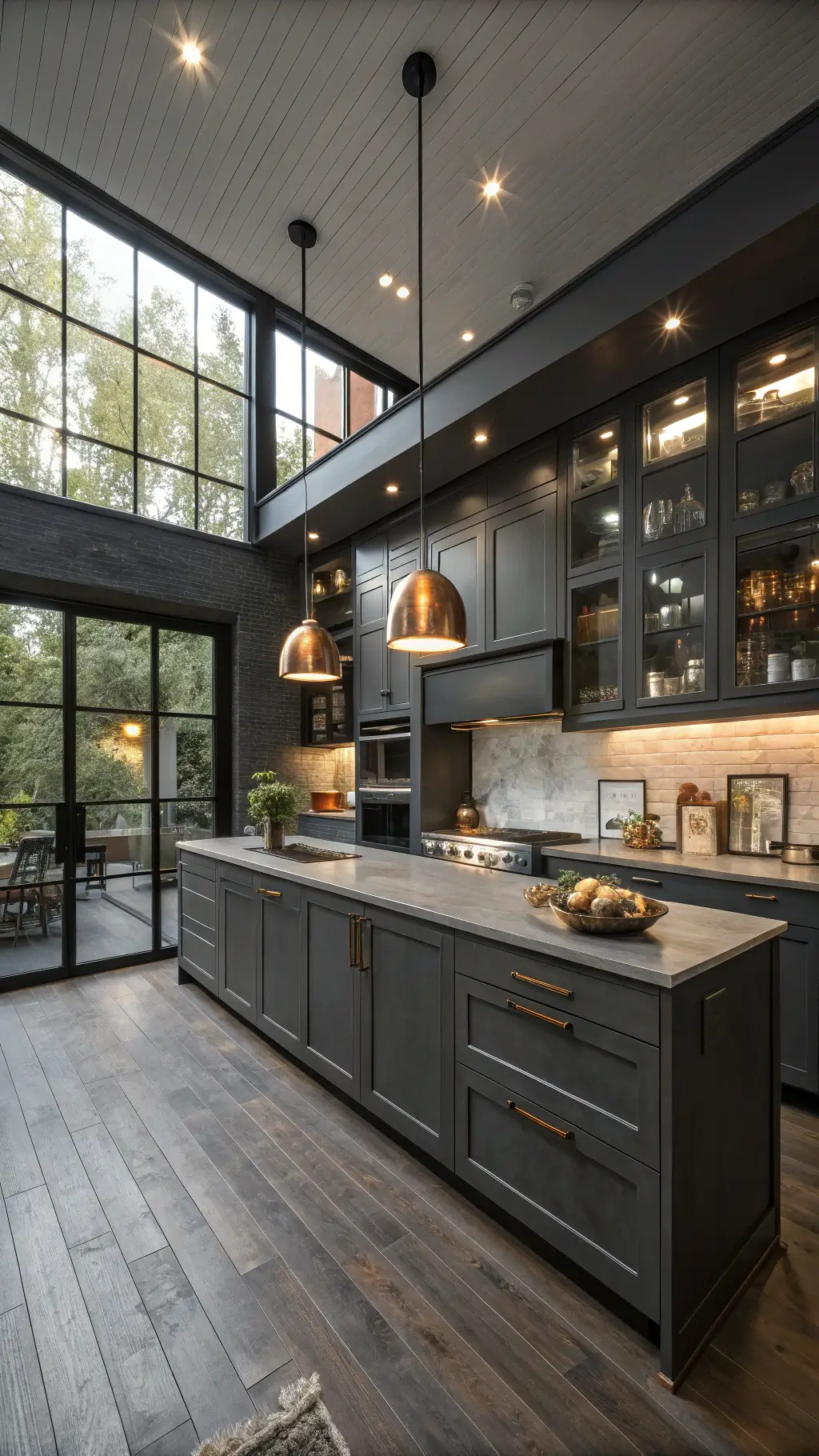 Professional, moody kitchen with charcoal cabinets, soapstone counters, integrated appliances, and copper cookware on floating shelves in an open concept space with dramatic black steel windows