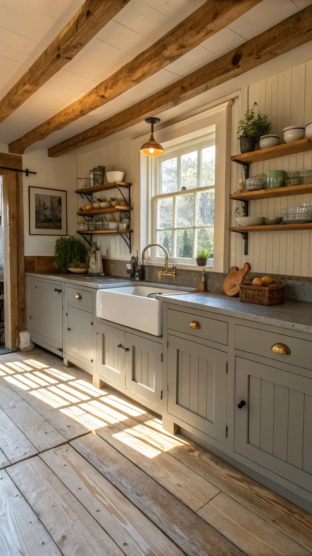 Cozy sunlit farmhouse kitchen with grey beadboard cabinets, exposed wooden beams, vintage Belfast sink, butcher block island with herbs and ceramics, and wide plank pine floors