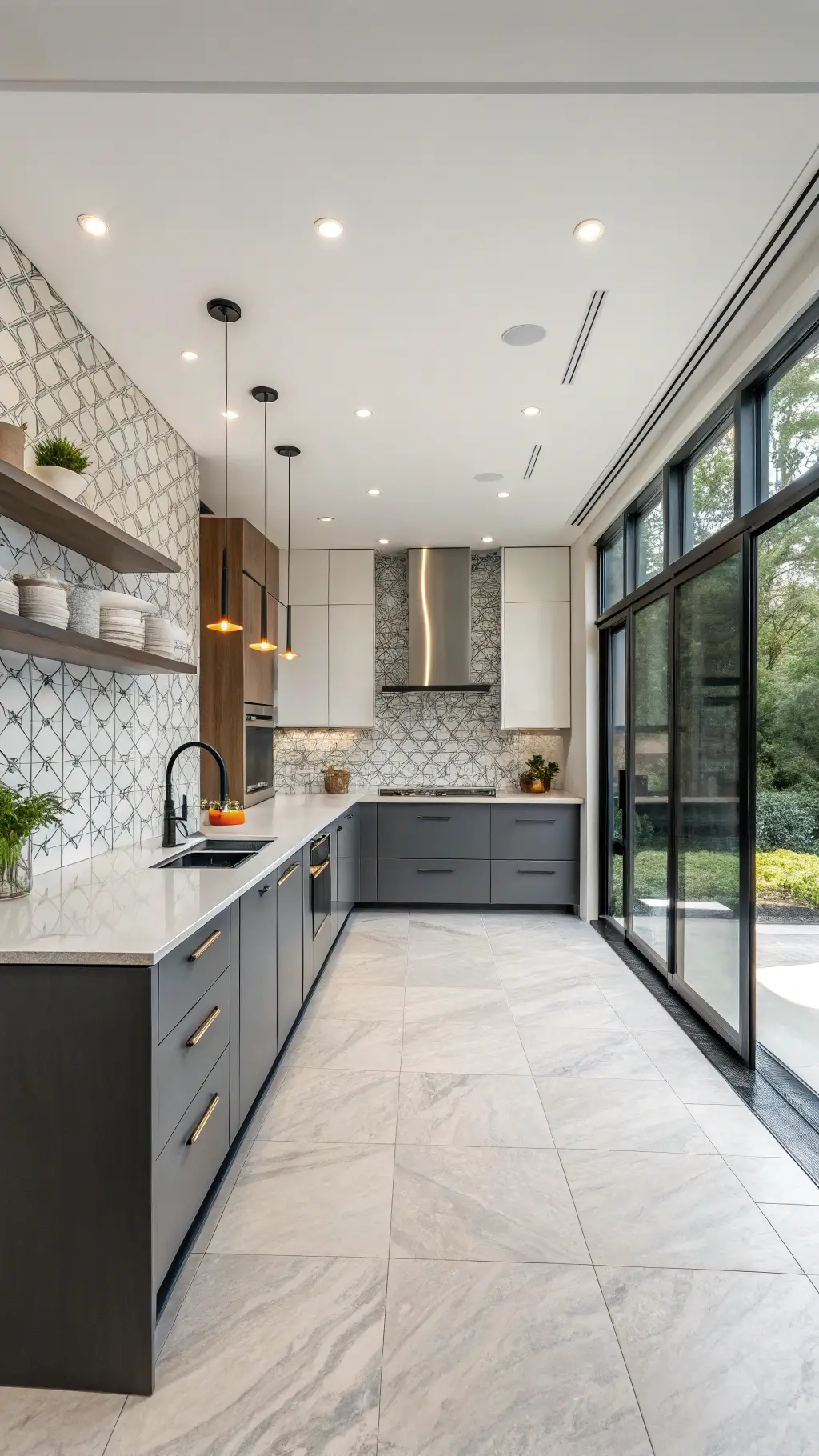 Bright, spacious contemporary kitchen with light grey upper cabinets, deep graphite lower cabinets, waterfall island in white quartzite, geometric tile backsplash, and polished concrete floors viewed from above