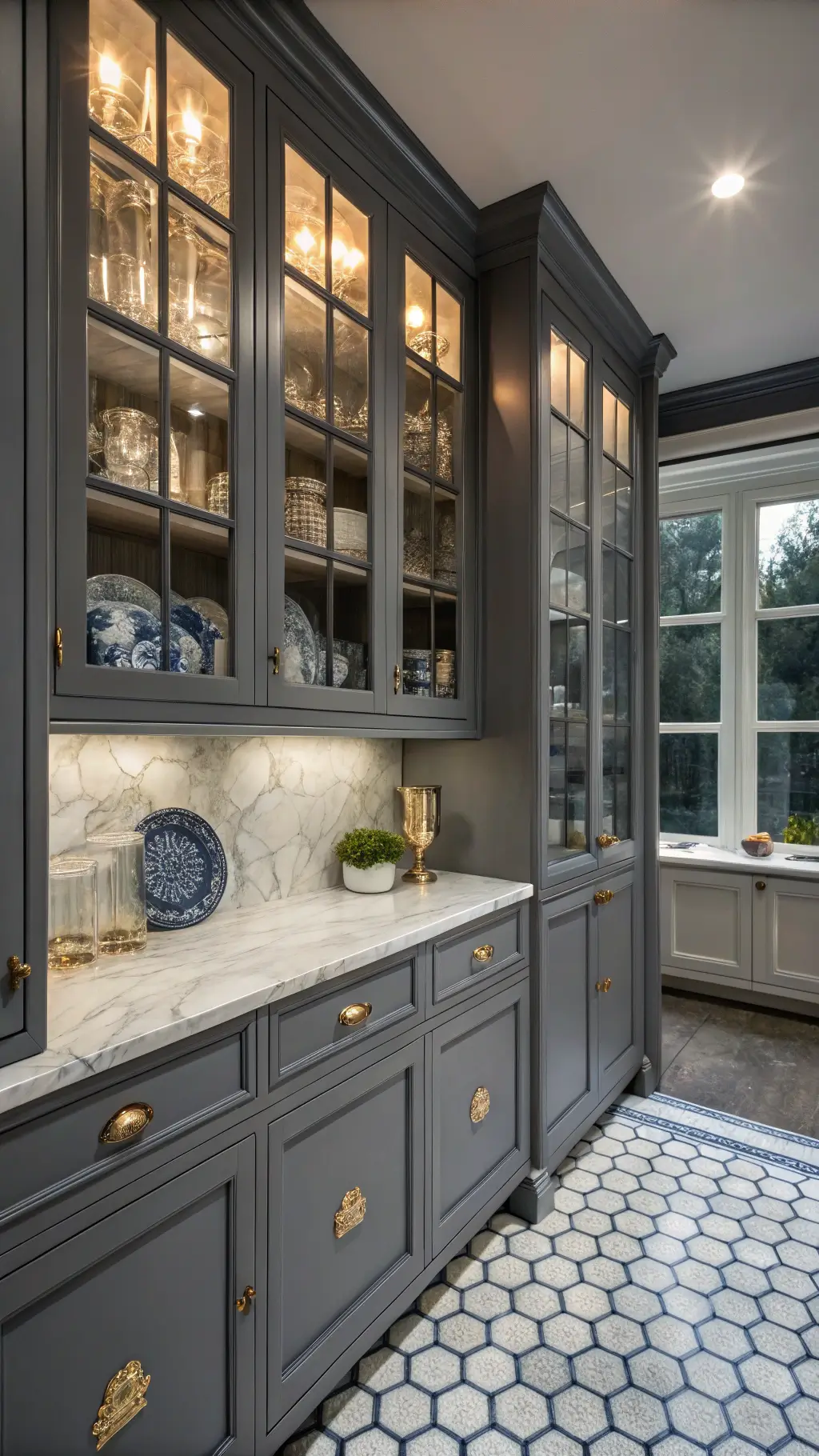 Elegant grey and navy butler's pantry featuring custom cabinetry, marble counter, vintage brass lighting, chinoiserie displayed in glass-front cabinets and intricate hexagon floor tile, captured in dusky, moody lighting