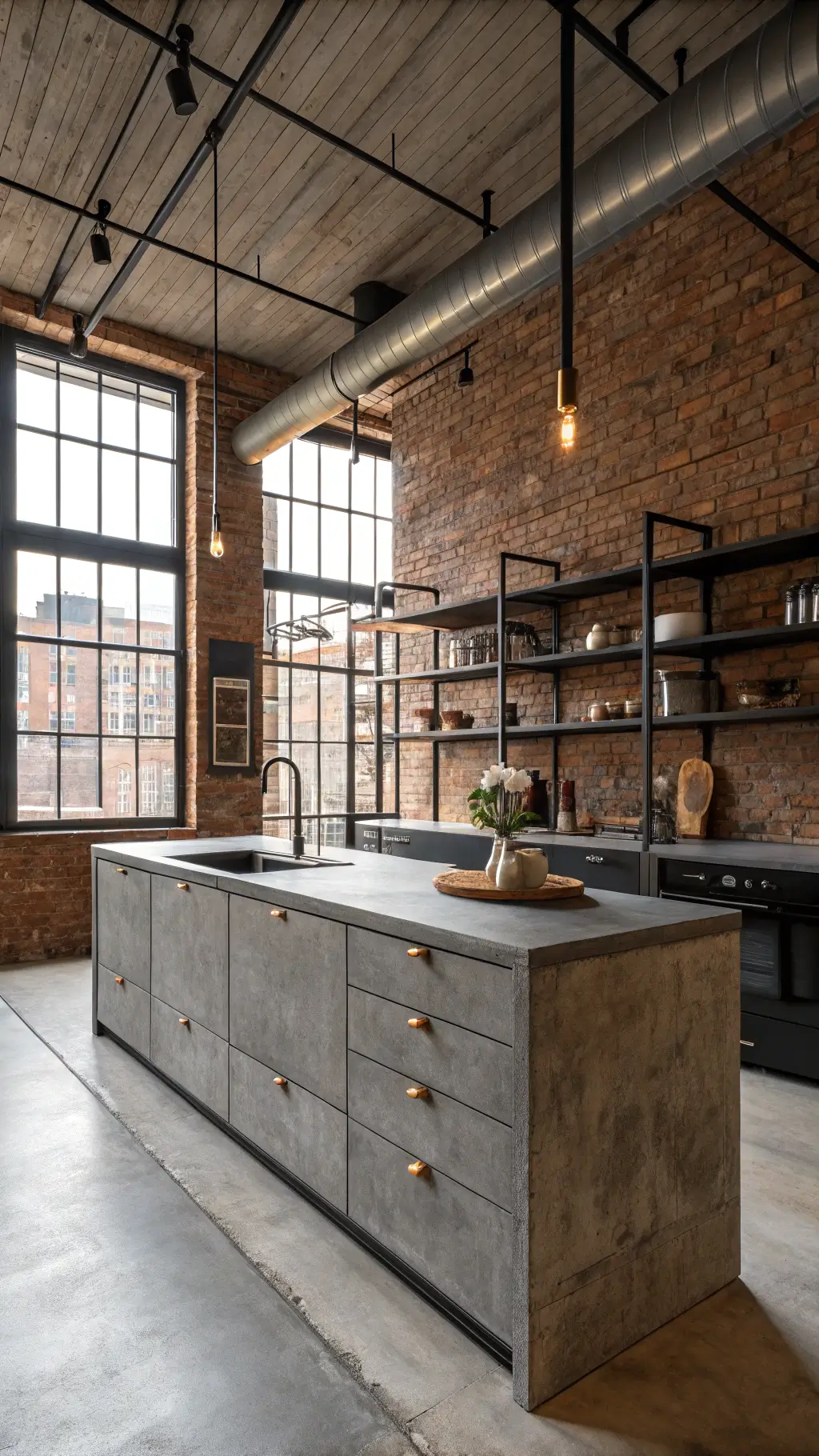 Industrial-modern kitchen in a spacious 18x15ft loft featuring grey slab cabinets, exposed brick wall, black steel open shelving, brass and black metal fixtures, concrete island with integrated sink and reclaimed wood accents, bathed in afternoon urban light filtering through steel windows.