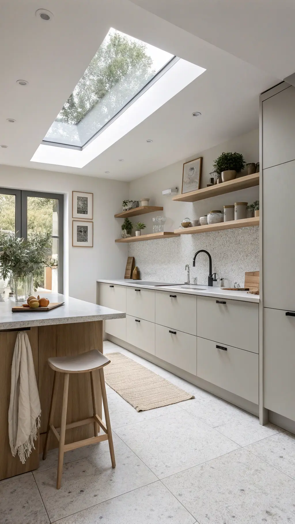 Scandinavian minimal kitchen with pale grey cabinets, white oak open shelves, terrazzo flooring, and sheepskin draped over island stool in a serene, bright, evenly-lit 12x14ft space with a skylight