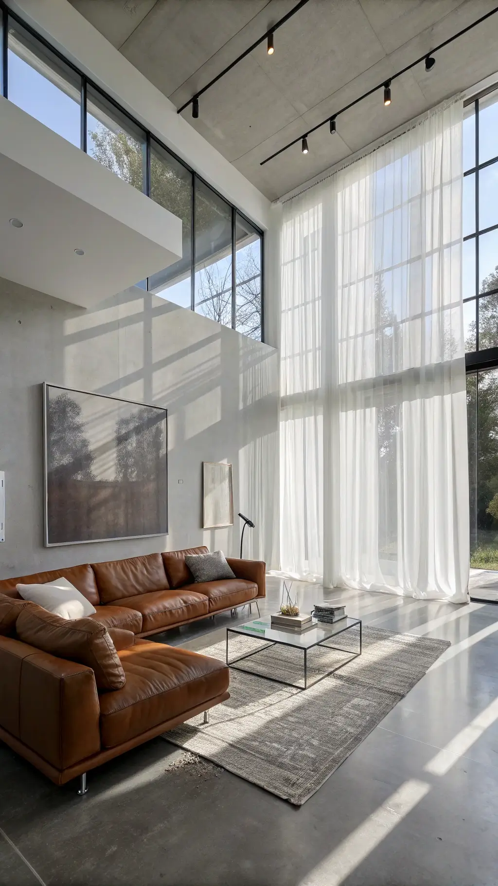 Spacious minimalist living room bathed in mid-morning light casting dramatic shadows, centered with a cognac leather sectional, a glass and steel coffee table, and an oversized abstract white and grey canvas.