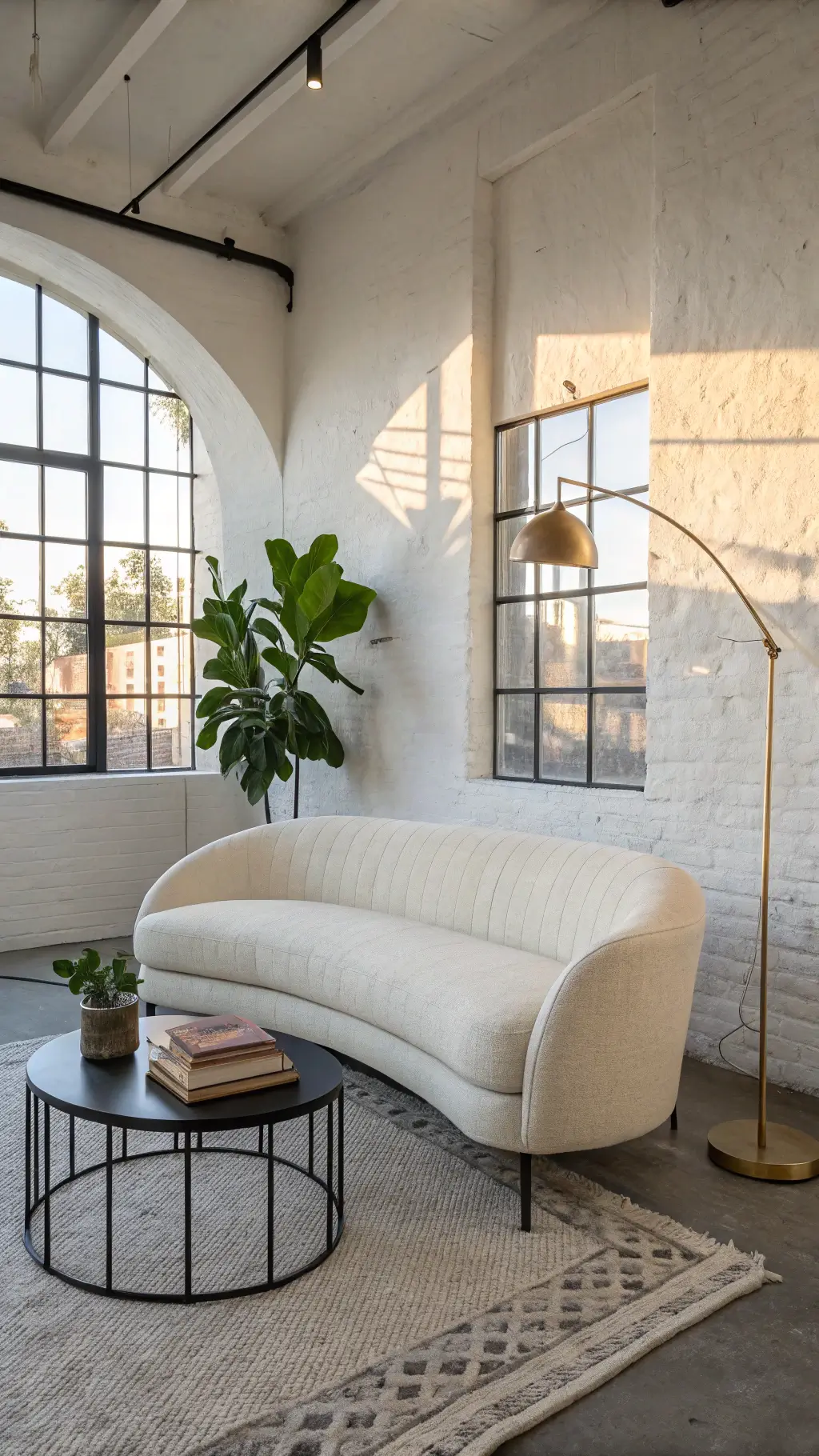 Modern minimalist living room bathed in afternoon light, featuring cream linen sofa, black steel coffee table, brushed brass floor lamp and a potted fiddle leaf fig plant.
