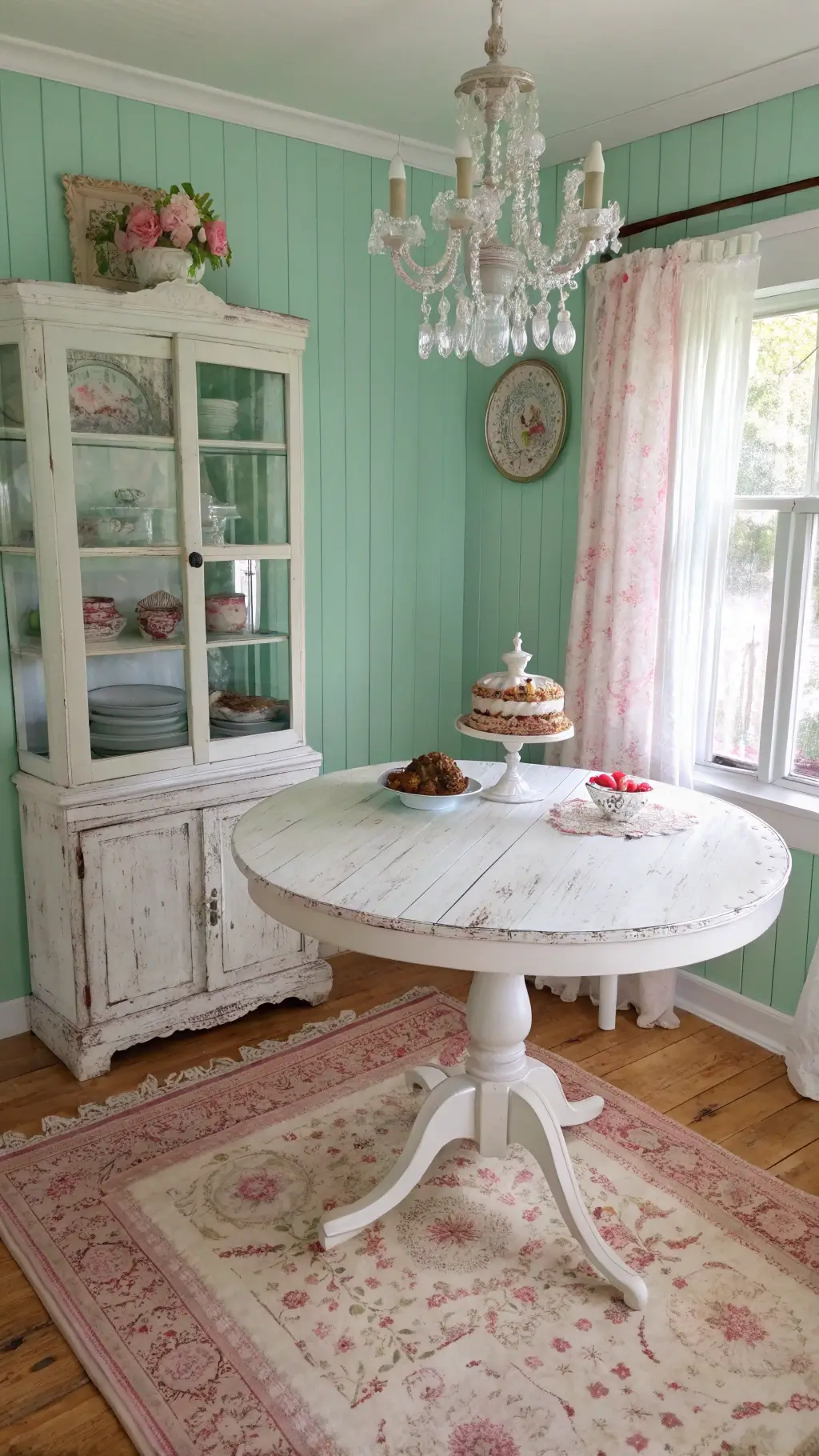 Vintage tea corner with mint green walls, white pedestal table, crystal chandelier, vintage floral teacups on a hutch, linen curtains, metal cake stand with pastries and a Persian rug in faded rose tones bathed in soft afternoon light.
