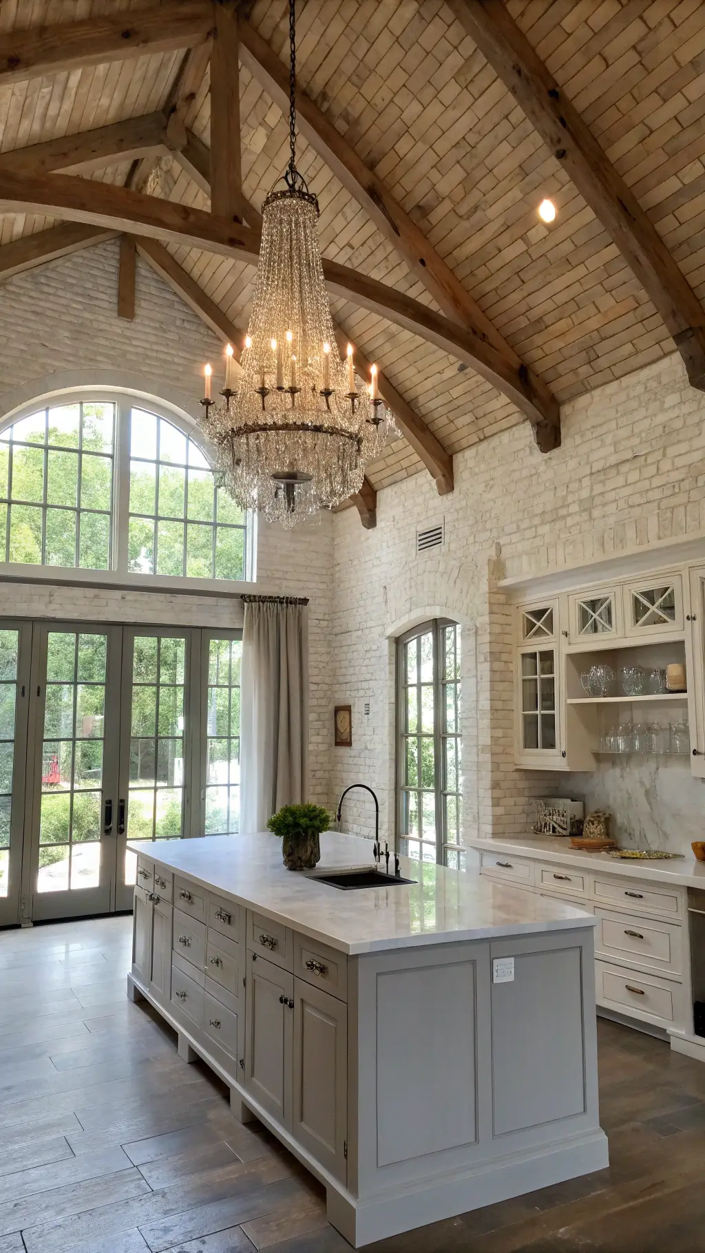 Spacious rustic elegant kitchen with chalk white exposed brick walls, wooden beams on cathedral ceiling, antique crystal chandelier, large marble top island, open shelving, arched windows with soft muslin curtains and French doors leading to garden.