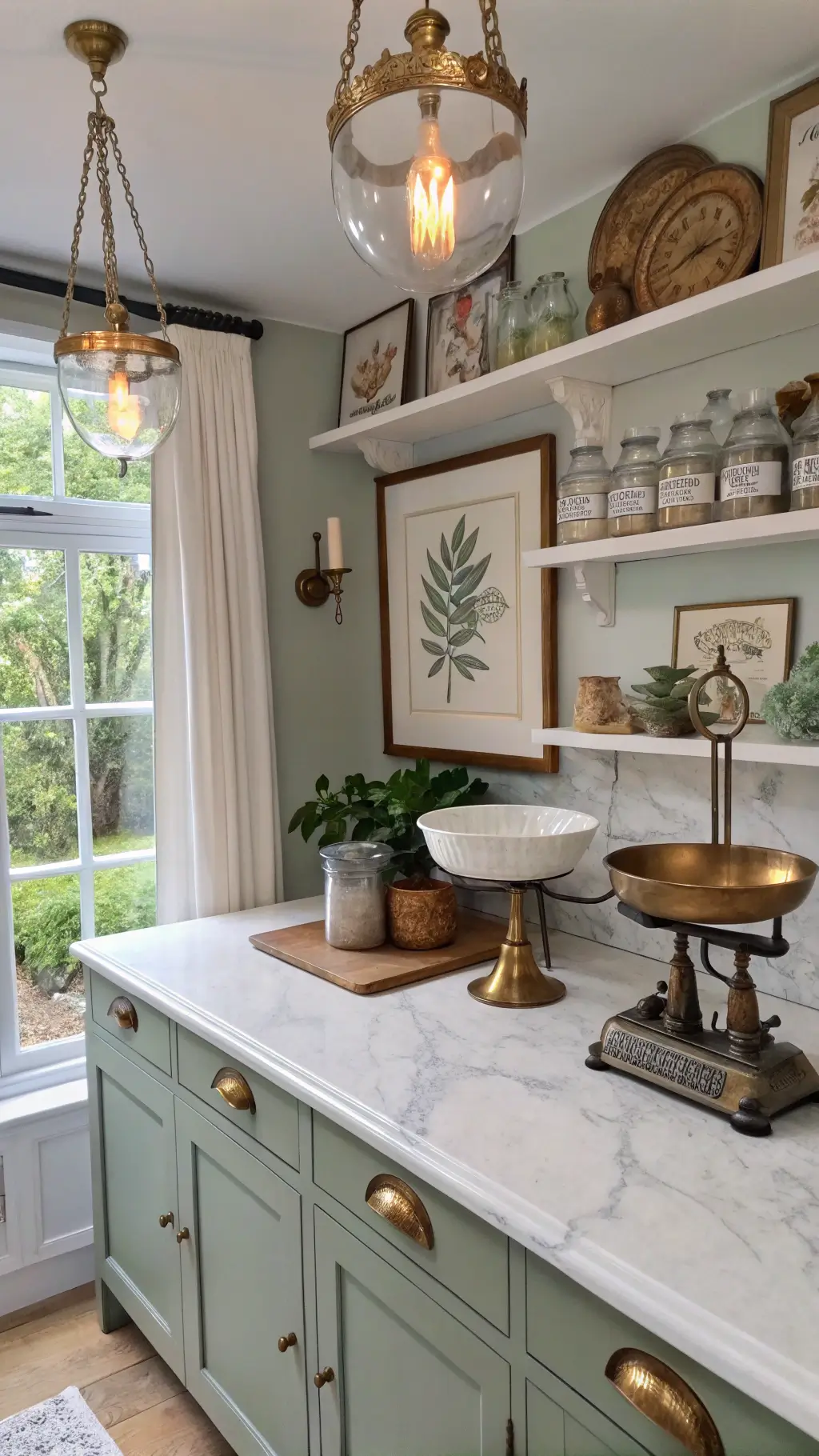 A vintage-inspired 12x14ft kitchen with marble-topped baking station, artfully arranged antique brass scale and ceramic mixing bowls on distressed white open shelving, crystal pendant lights illuminating sage green lower cabinets, vintage botanical prints on pale gray walls, and white eyelet curtains framing a garden window with herb plants.