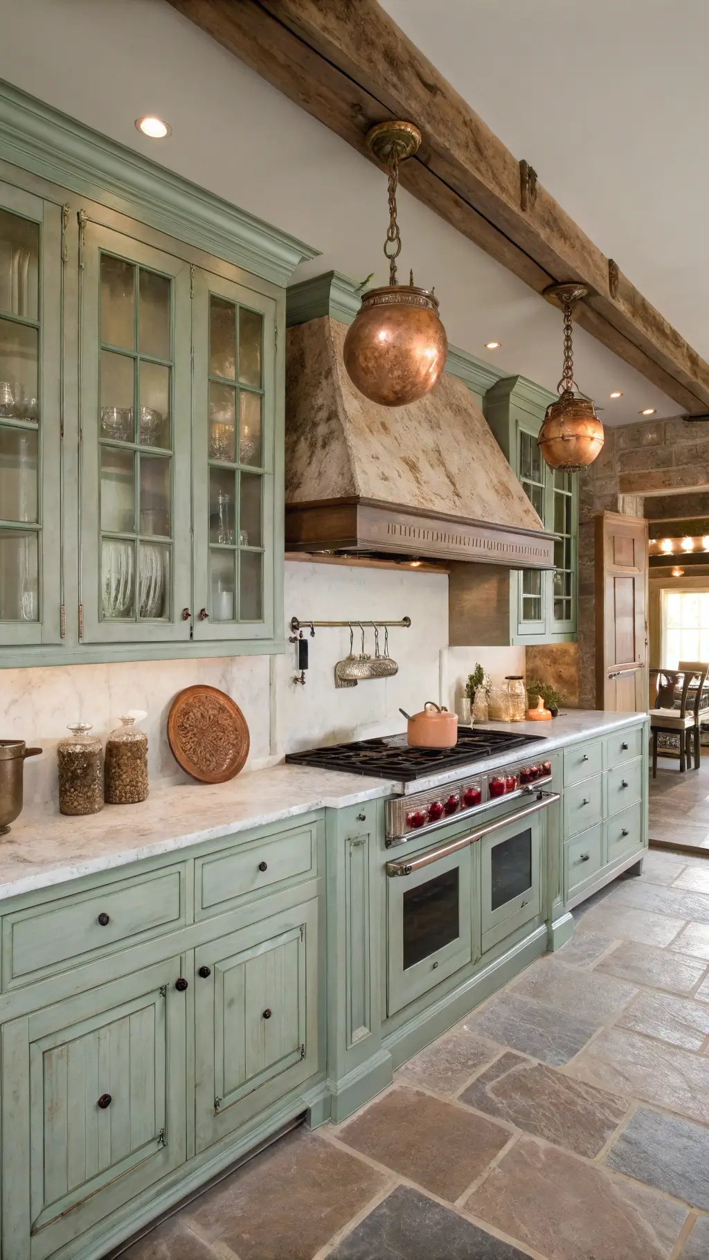 Vintage-style kitchen with distressed custom cabinets, patina-coated copper pots, marble countertops, mercury glass pendants, and antique wall decor.