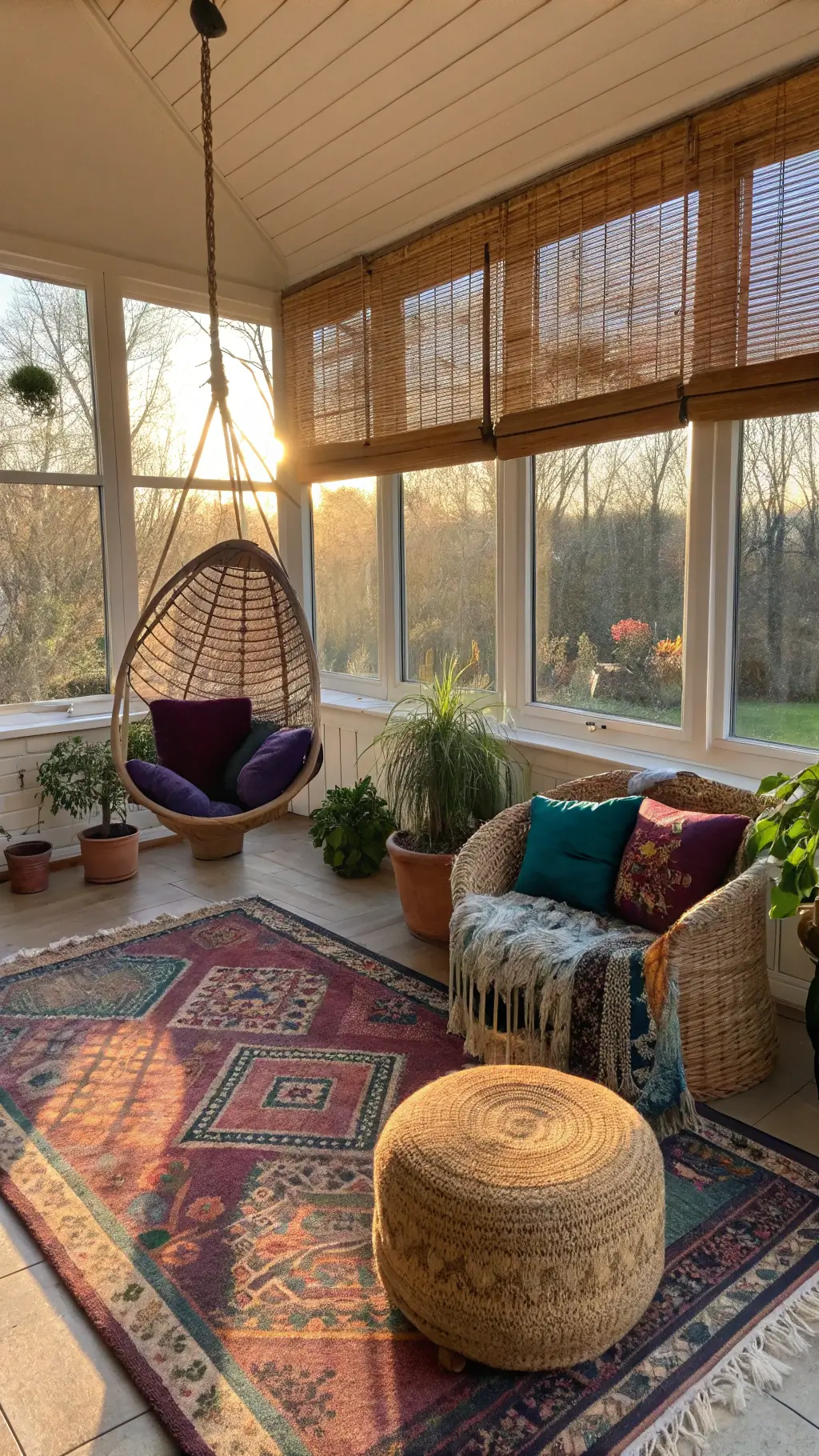 Sunlit corner sunroom with bamboo blinds, jewel-toned floor cushions, rattan hanging chair, Moroccan leather poufs on a vintage rug, and terracotta pots with various plants.