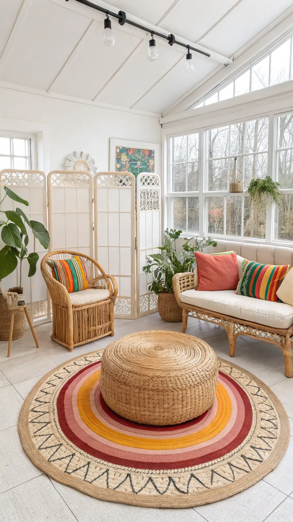 Modern, light-filled 15x18ft sunroom with minimalist rattan furniture, bold earthy textiles, circular jute rug on vintage Moroccan carpet, hanging plant room divider, and carved wood meditation corner.