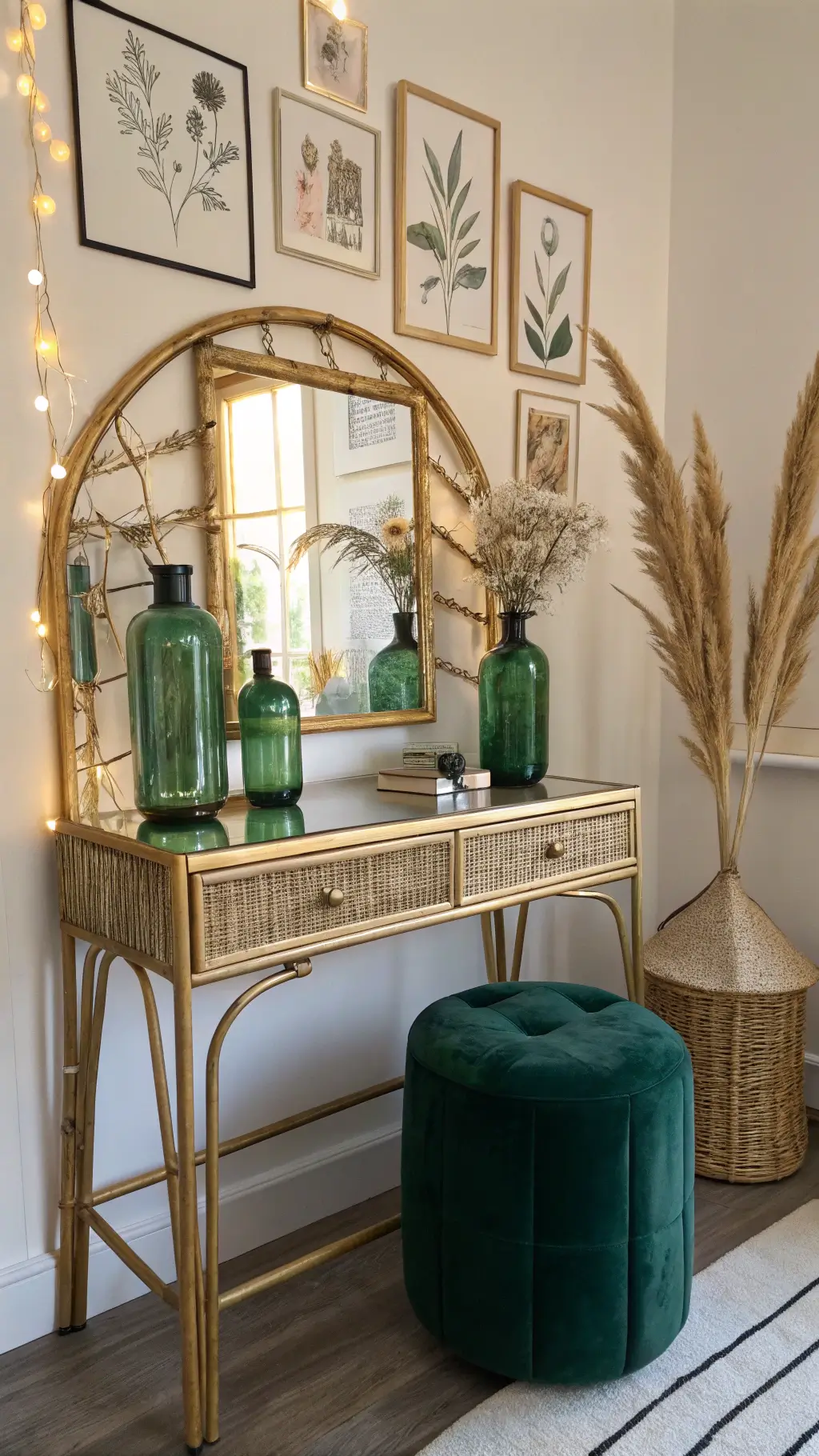 Vintage brass vanity table with bamboo-framed mirror and string lights, green stooled velvet chair, vintage botanical illustrations on wall, and green glass vessels with dried pampas grass during the golden morning hour.