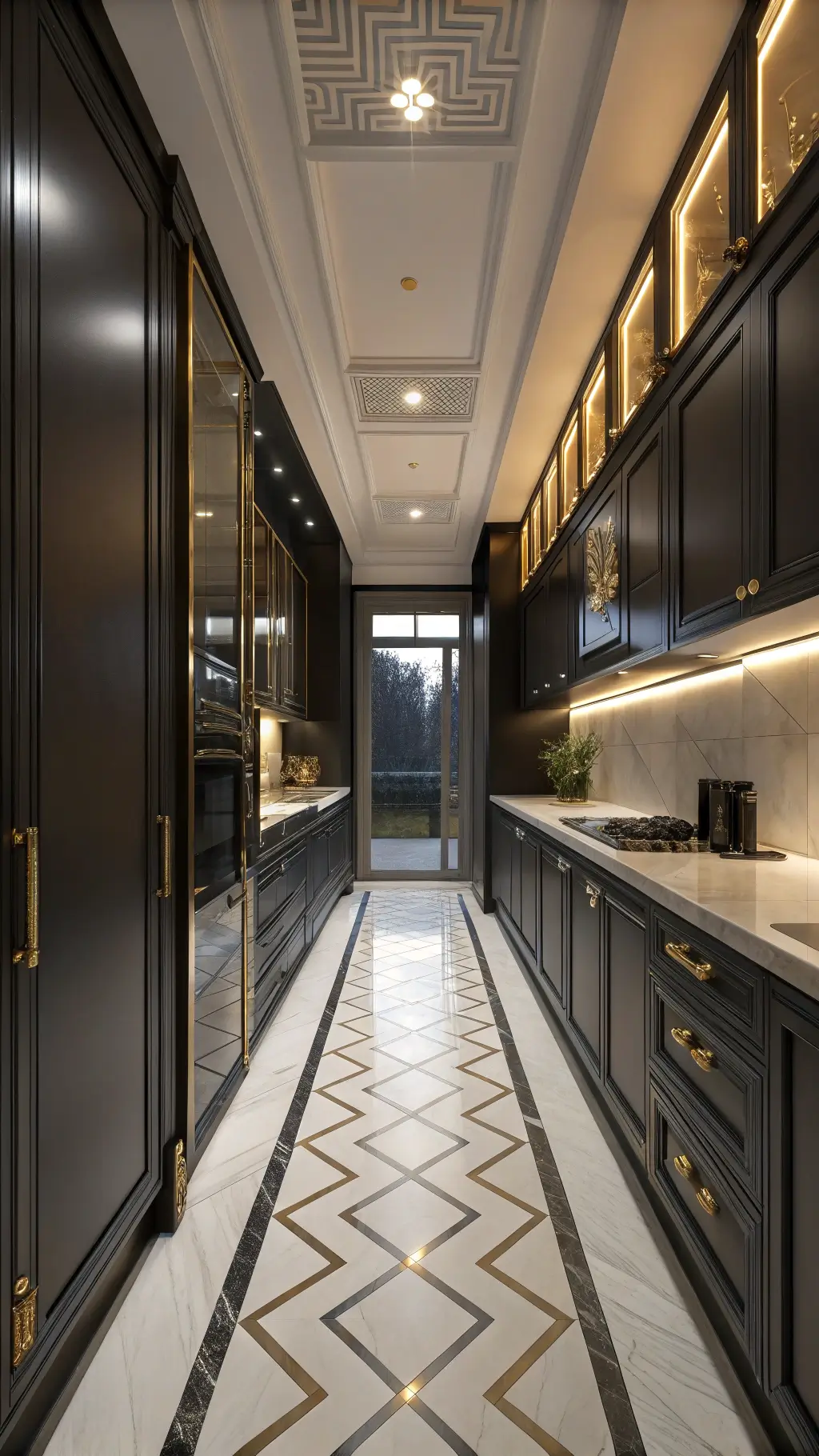 Art Deco kitchen galley in twilight with glossy black cabinets, brass hardware, ceiling with diamond patterns and crystal fixtures, and marble floor in chevron pattern, all under warm, moody lighting, creating a sophisticated evening atmosphere.