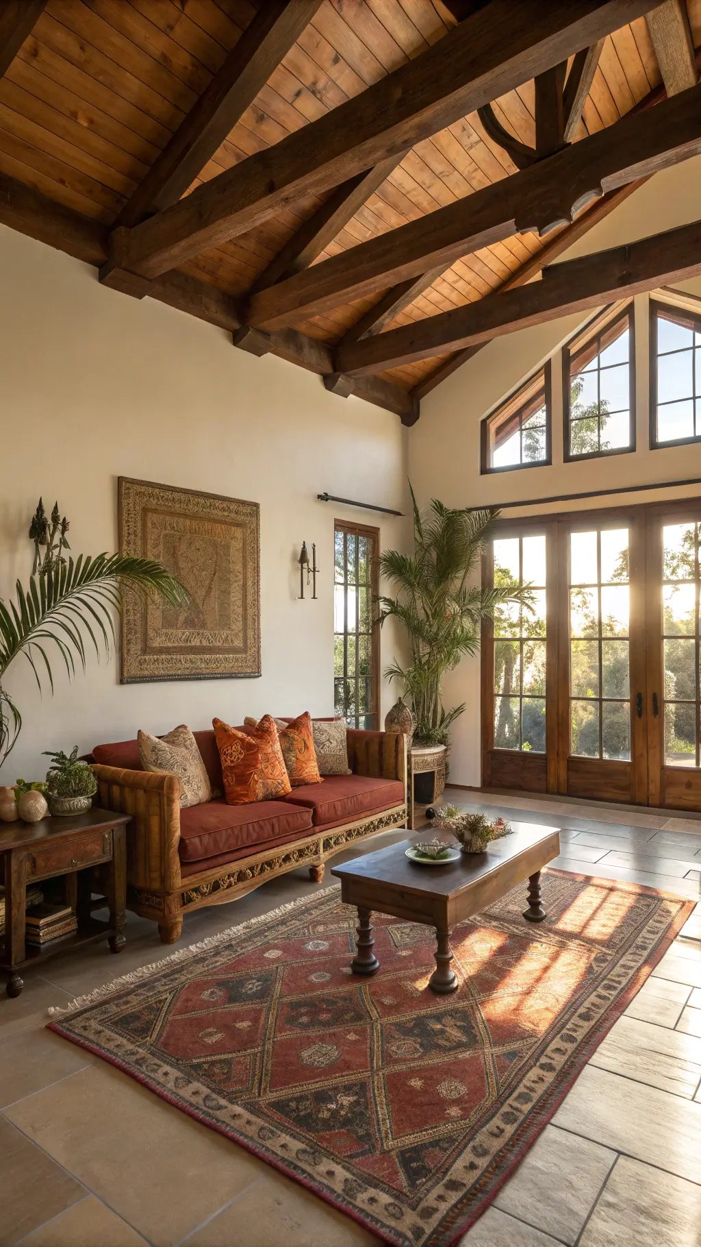 Sun-drenched, spacious living room with high ceilings, exposed wooden beams, floor-to-ceiling windows, mahogany sofa with mudcloth pillows, layered rugs and brass accent tables with ceramic vessels, decorated with Kente cloth wall hangings and a dark wood mask.
