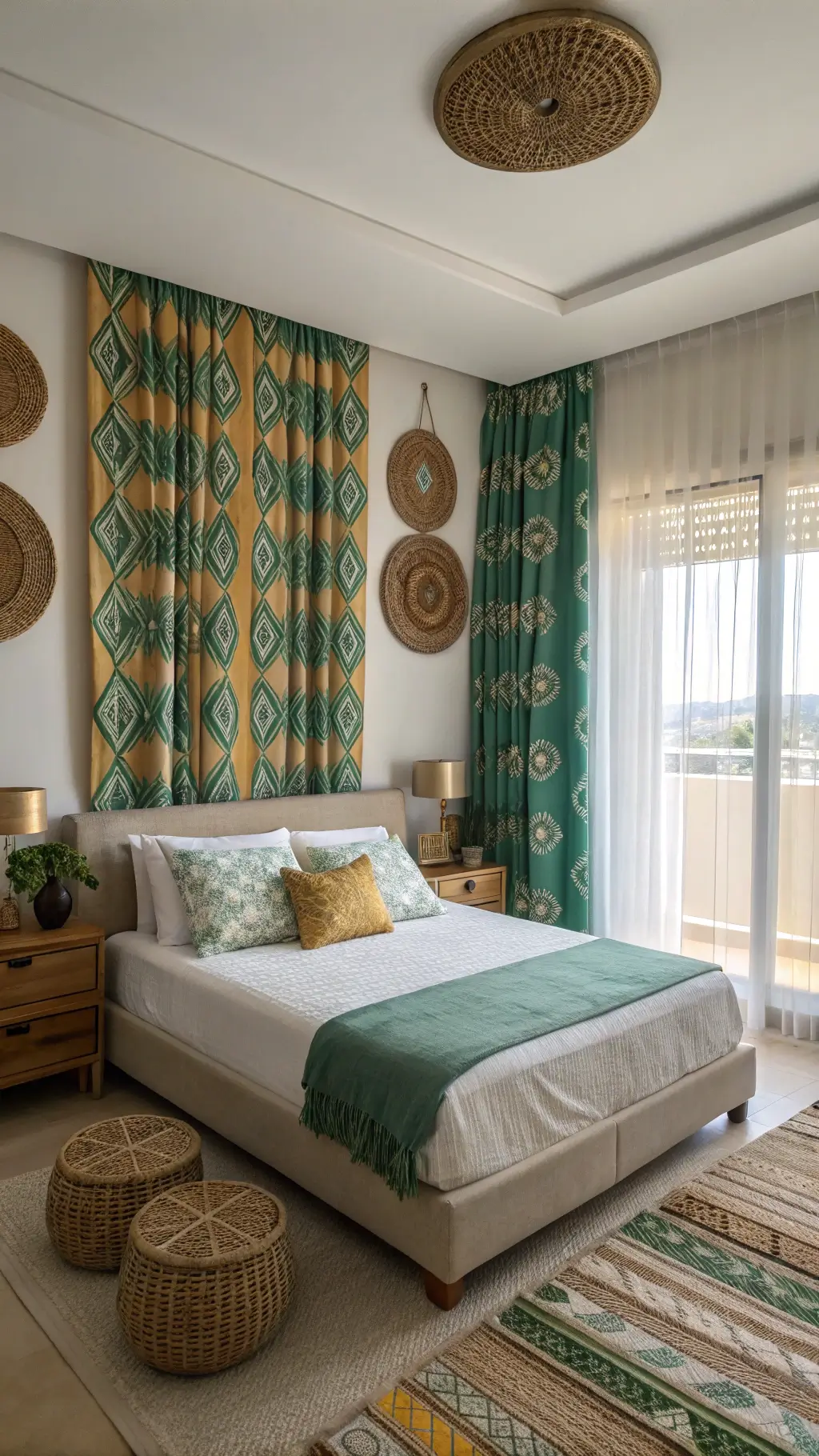 Serene 15x18ft modern bedroom with morning light filtering through emerald green and gold Ankara print curtains, low-profile platform bed with geometric-patterned headboard, matching rattan nightstands with copper lamps, and wall decorated with cascading woven baskets.