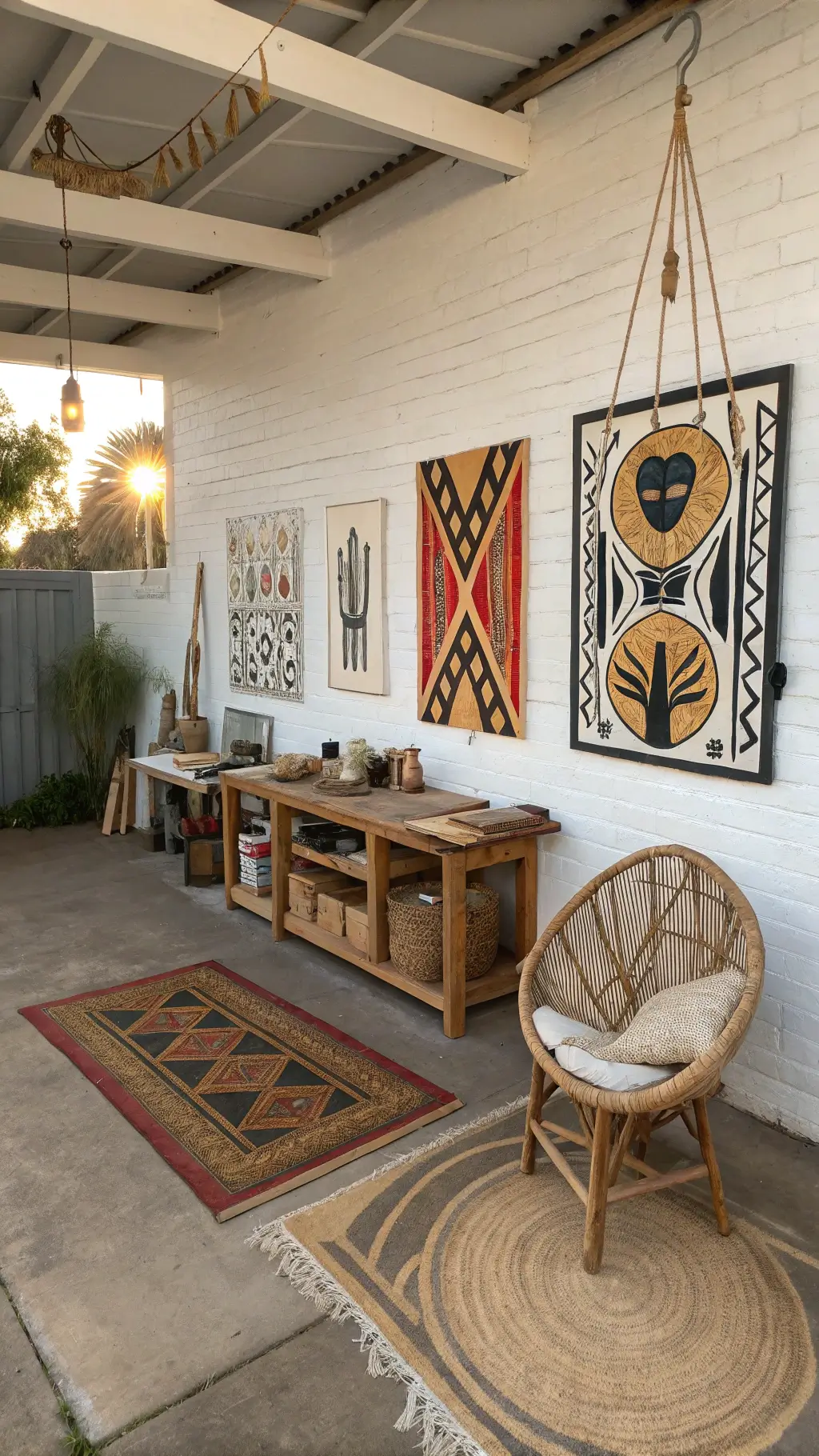 Overhead view of an eclectic 20x24ft artist's studio featuring abstract art, a vintage workbench, and a rattan hanging chair, layered with woven rugs on a concrete floor in late afternoon light.