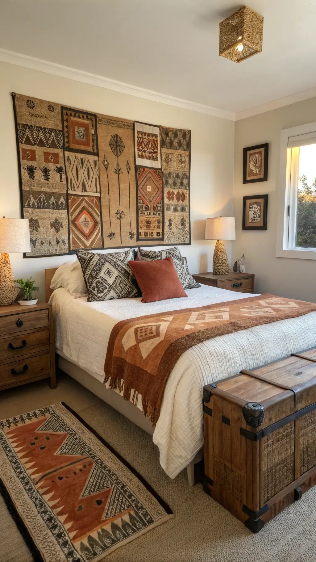 Sunrise in a cozy 14x16ft guest bedroom with a feature wall of large-scale prints of African textiles, a platform bed with handwoven blankets and mudcloth pillows in rust, cream, and black colors, rattan side tables with ceramic lamps and a carved wooden trunk at the foot of the bed.