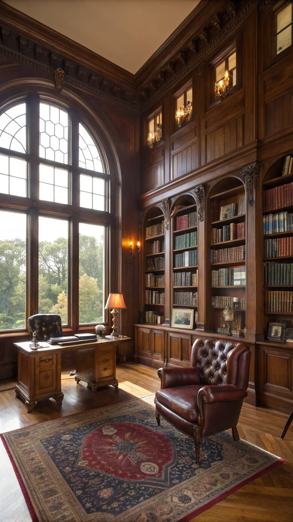 Vintage study with mahogany bookshelves packed with leather-bound books, a burgundy Chesterfield armchair, antique brass lamp, a wooden desk with typewriter, all highlighted by the late afternoon light from floor-to-ceiling arched windows.