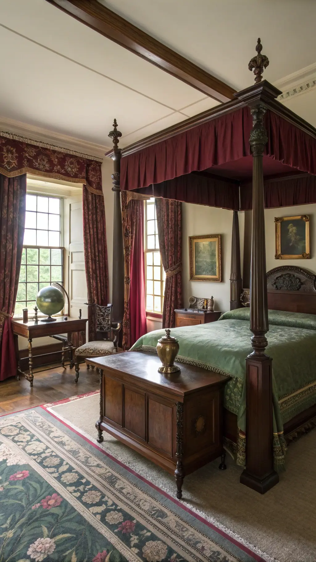 Sunrise lighting up a well-appointed scholarly bedroom with a four-poster mahogany bed, velvet burgundy curtains, antique desk with vintage globe and brass candlesticks, botanical prints in gilt frames, and an armchair draped with a green wool throw.