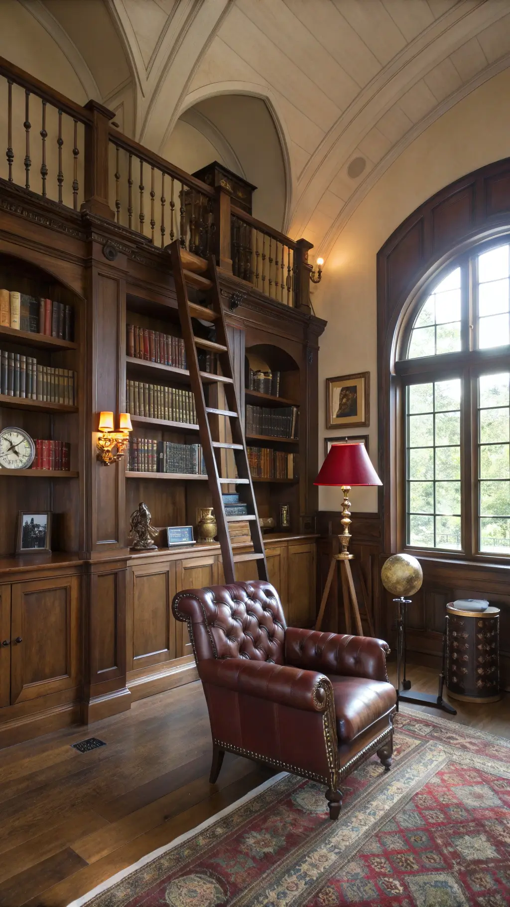 Vintage academic library corner featuring ebony-stained oak bookshelves, red leather wingback chair, brass reading lamp, and antique ladder, accented by hourglasses and magnifying glass on a dark wood side table, viewed from below with soft afternoon light illuminating architectural details.