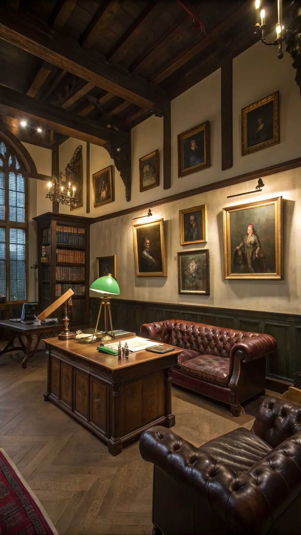 Moody study lounge at twilight illuminated by brass sconces, featuring exposed wooden beams, ornate gilt-framed oil paintings, a large wooden desk with a green banker's lamp, a dark brown chesterfield sofa with plaid wool throws, and vintage scientific instruments displayed on dark wood shelves.