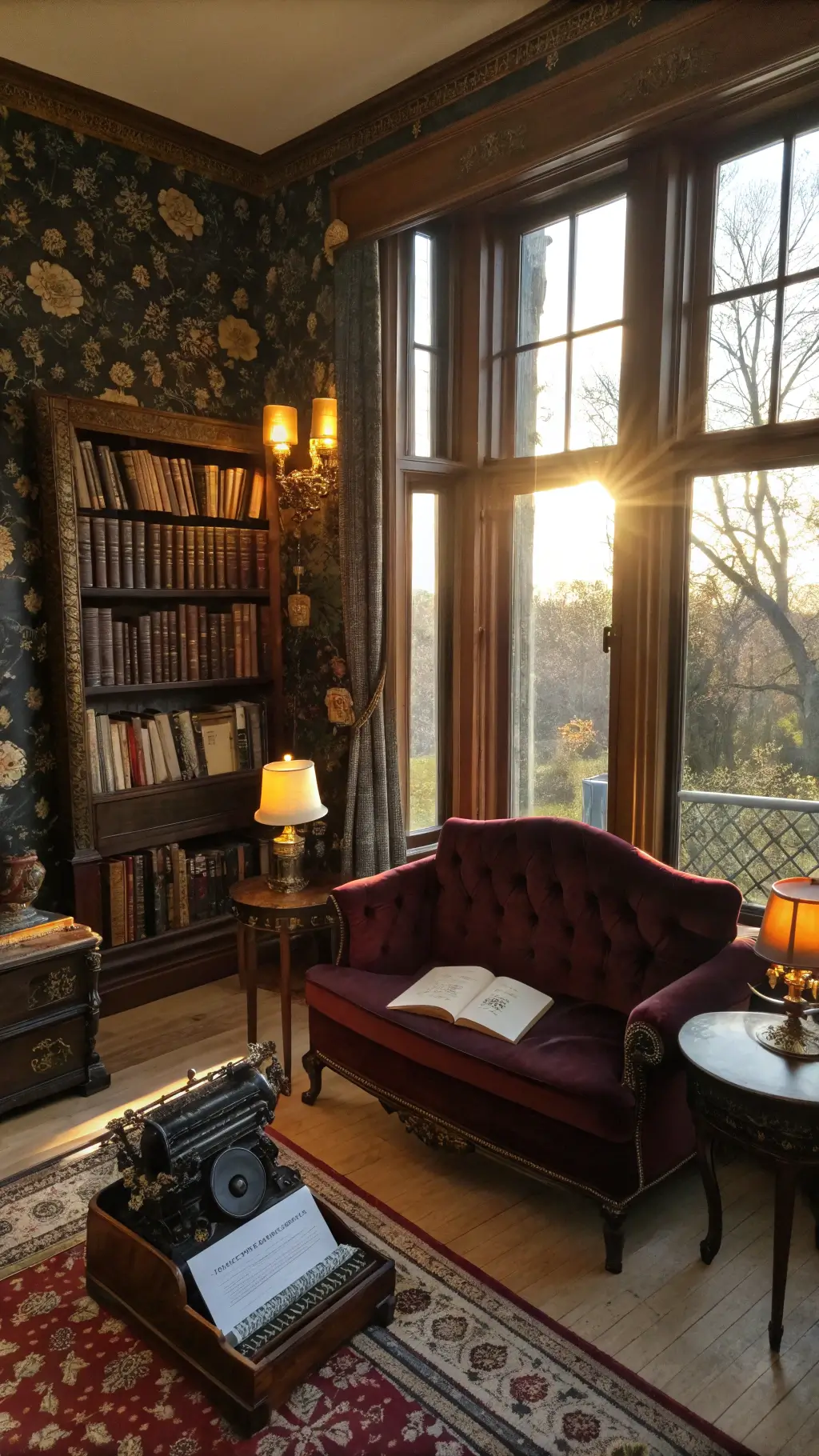Victorian-inspired parlor bathed in golden hour light, featuring bay windows, dark floral wallpaper, leather-bound books on mahogany tables, vintage typewriter with yellowed papers, and crystal decanters catching sunlight.