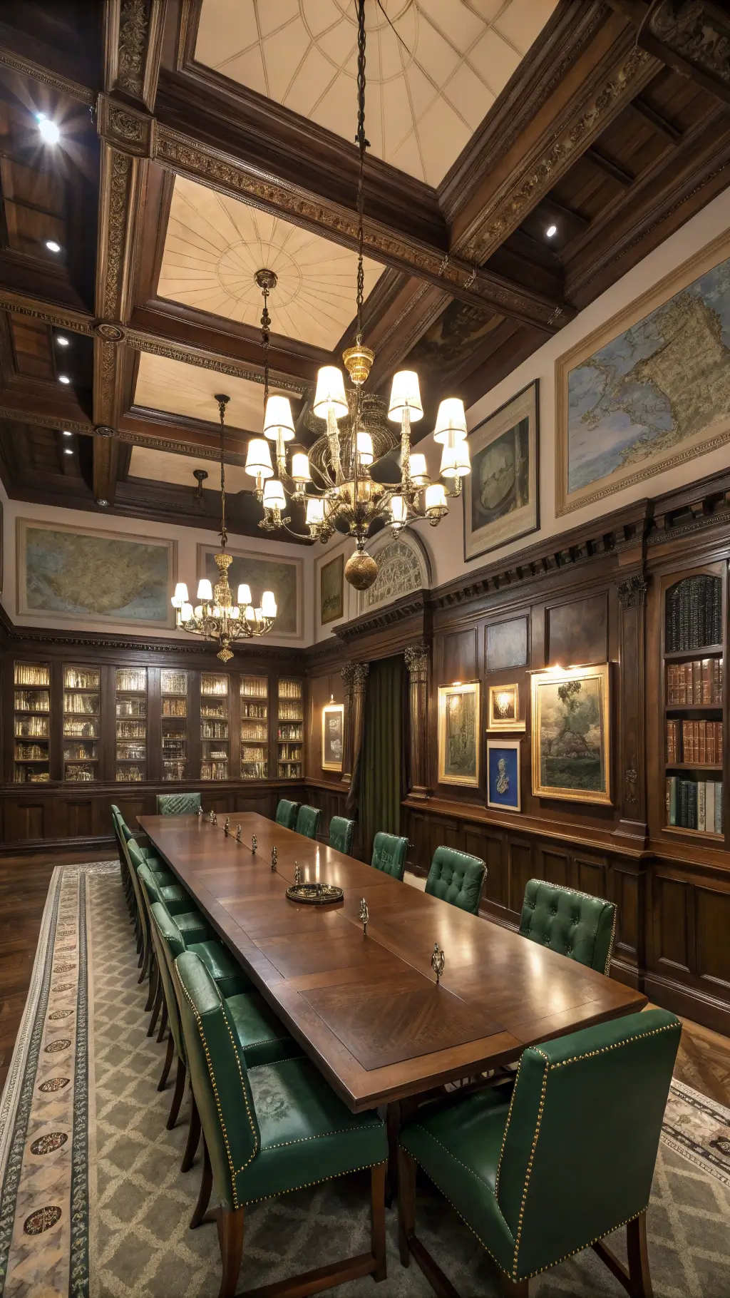 Vintage-inspired intellectual dining room at dusk showcasing antique maps, scientific illustrations, built-in bookshelves, and a mahogany table under a brass chandelier.