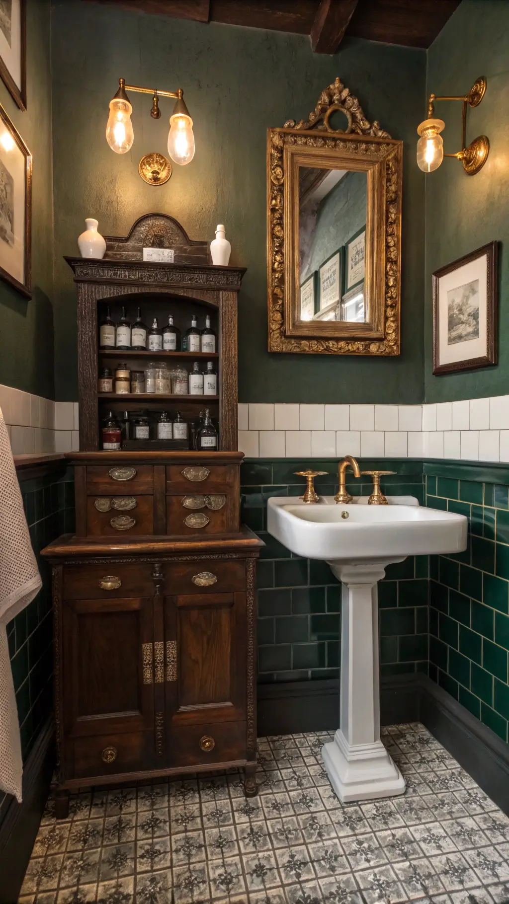 Vintage scholar's bathroom with classic black and white tiles, dark wood apothecary cabinet, antiqued mirror, dark green painted walls and medical illustrations in weathered frames