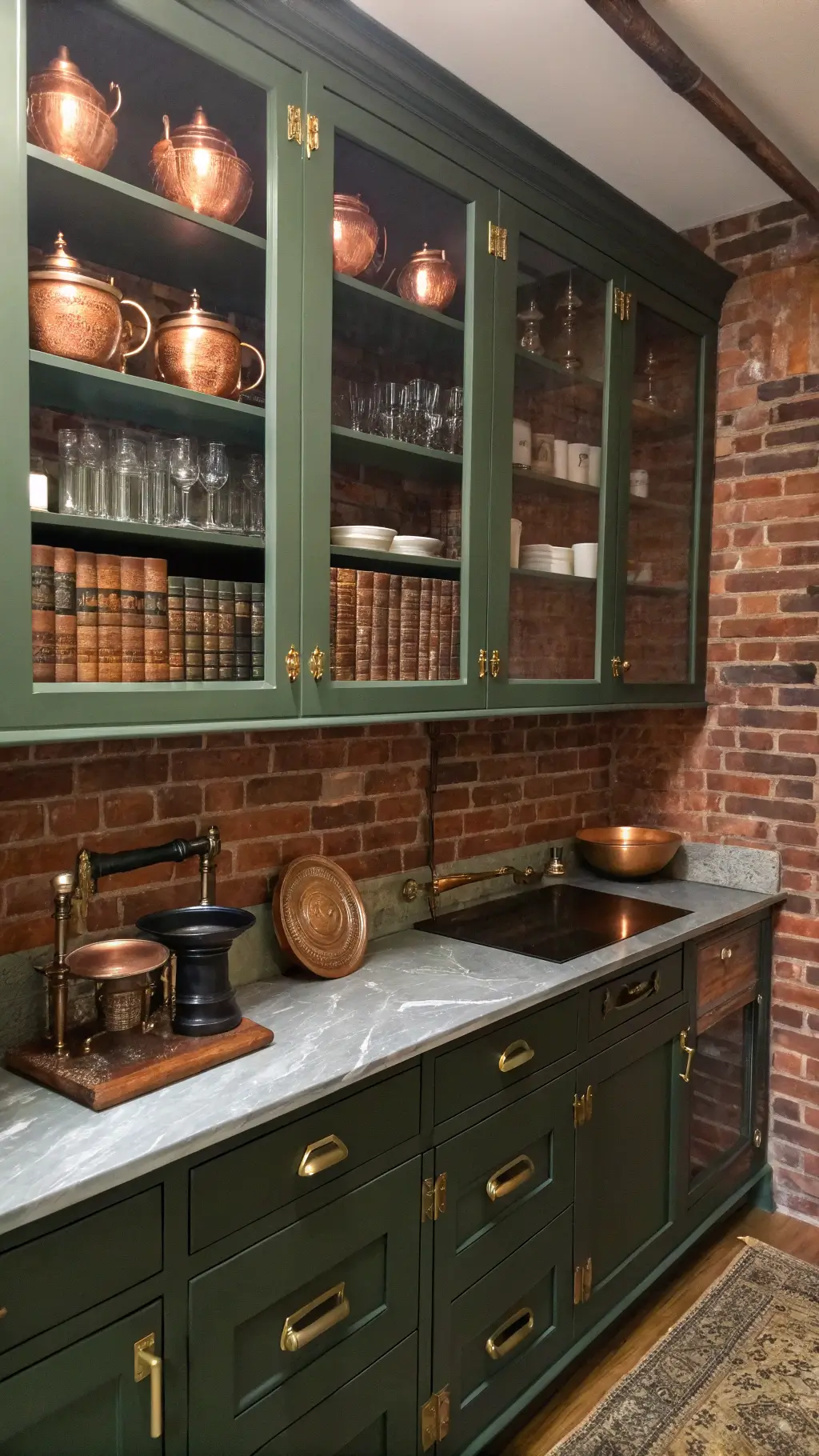 Vintage-style kitchen nook showcasing hunter green cabinets, black marble countertops, antique brass hardware, dark wood shelves with copper cookware and leather-bound cookbooks against exposed brick wall.