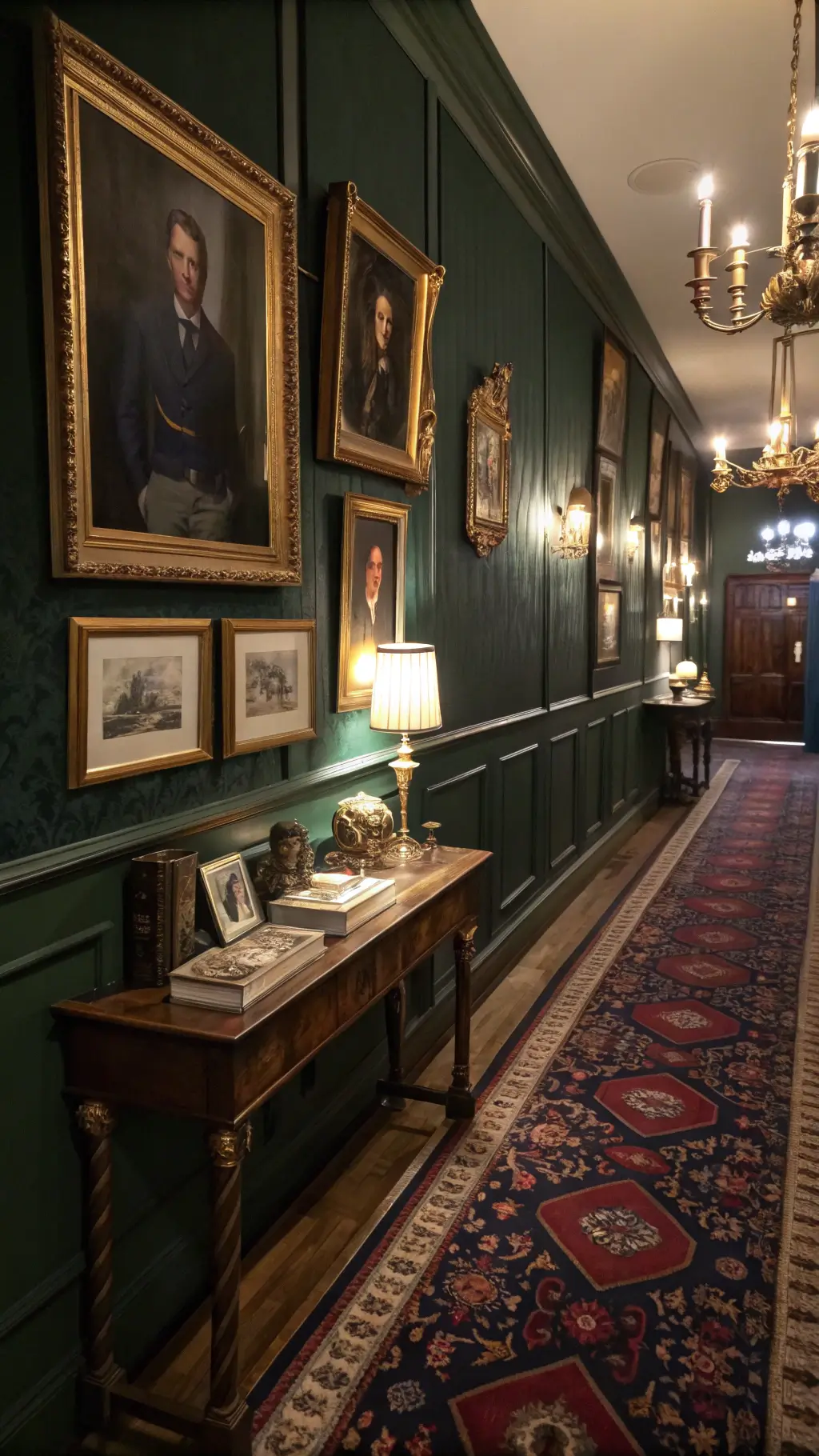 Moody, dimly-lit maximalist hallway featuring a gallery wall of vintage portraits in gilt frames, brass wall sconces, a Persian patterned runner, mahogany console table with brass candlesticks and vintage books, against a dark green accent wall.