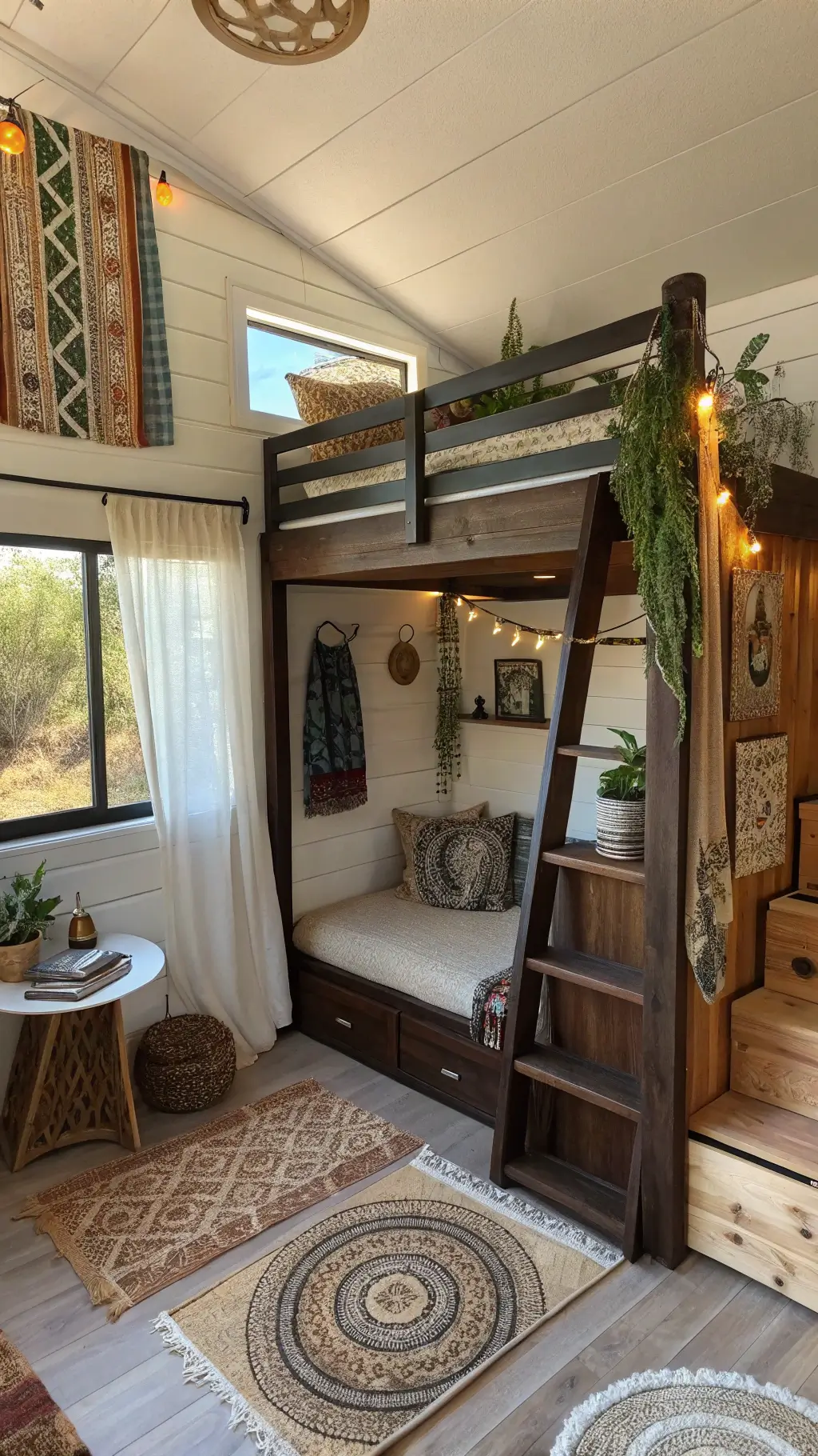 Bird's eye view of a bohemian styled micro apartment with maximized vertical storage, a loft bed with macramé curtain, floating staircase, and meditation area with floor cushions and low table, bathed in warm afternoon sunlight. The space includes earth tones, natural materials, hanging plants, and global artifacts.