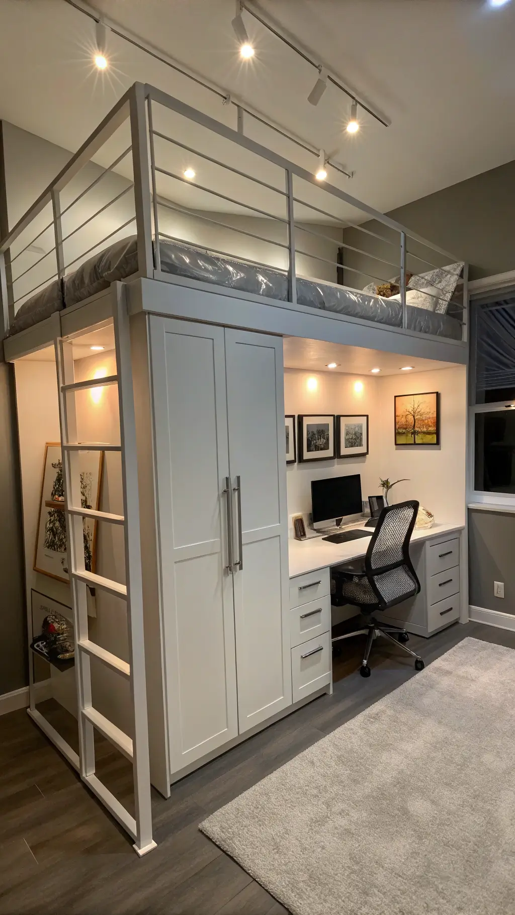 Modern, sophisticated professional suite featuring LED lit room with a loft bed system, home office setup with ergonomic accessories, and tech-friendly details in a monochromatic palette.