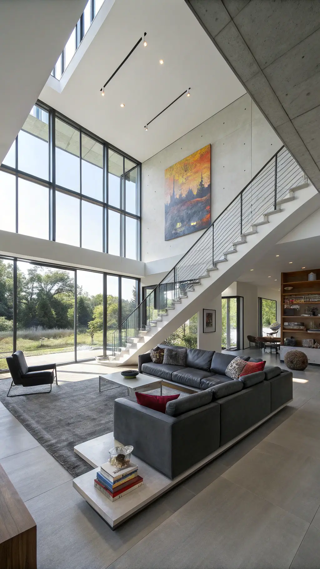 Bright, open-concept living space with floor-to-ceiling windows, floating concrete stairs, large charcoal sectional, leather butterfly chairs, minimalist shelves with sculptural objects, and a large-scale abstract canvas, photographed from the stairs with a wide-angle lens.