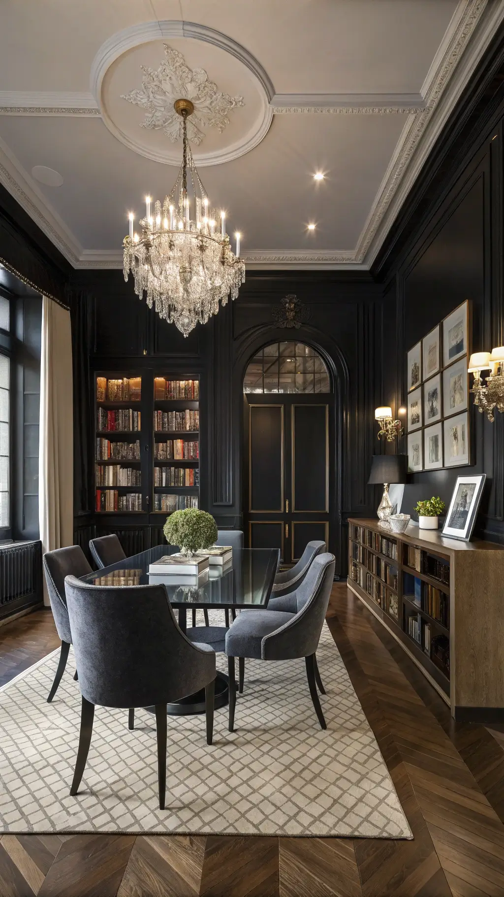 Elevated view of a moody, glamorously intellectual 16'x16' formal dining room at twilight with black lacquered walls, white picture rail molding, contemporary glass table with Victorian chairs, chrome and crystal chandelier, floor-to-ceiling bookcases and herringbone floors with a geometric rug.