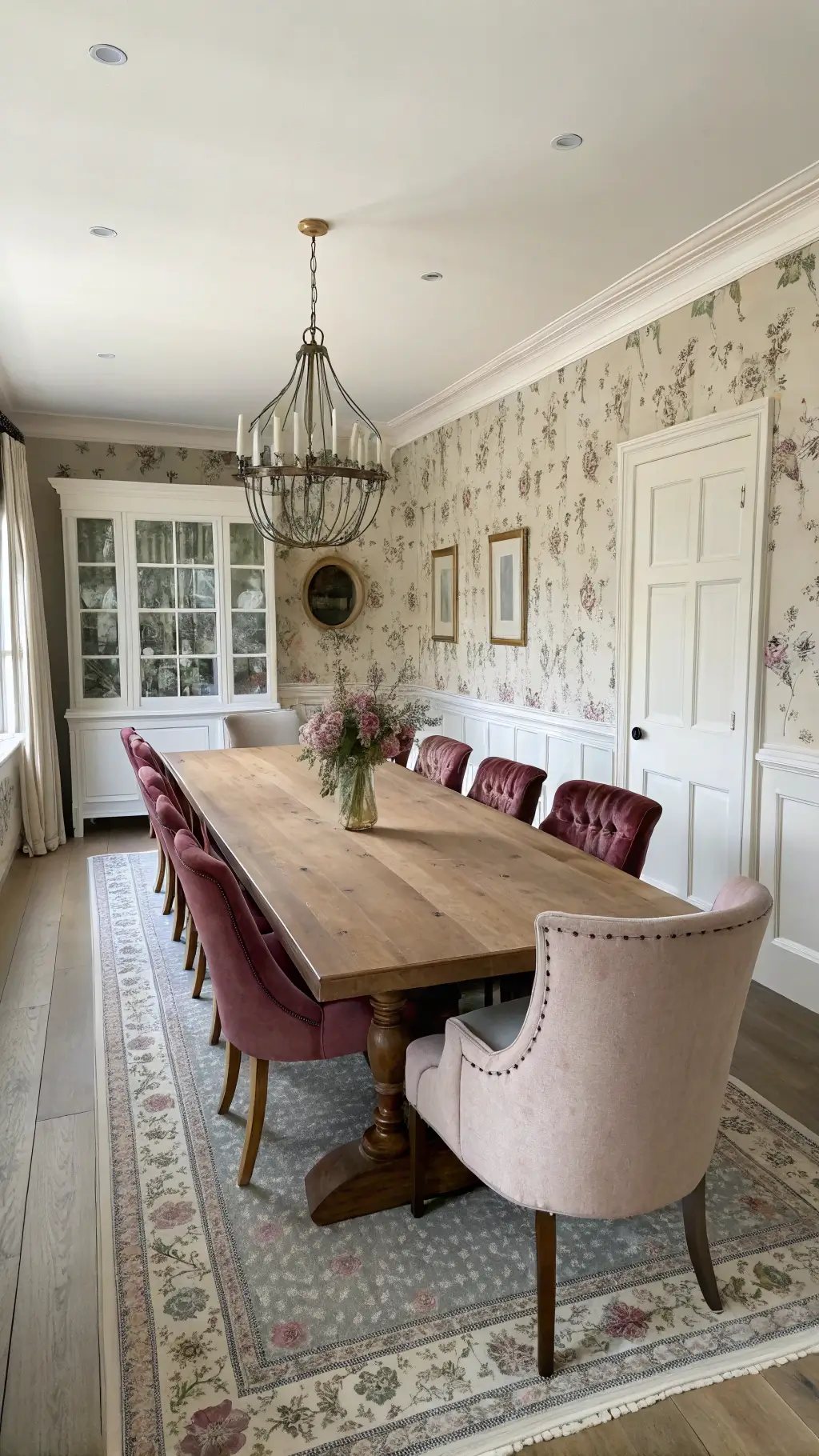 Midday view of a long, narrow 10'x20' dining room featuring cream-colored walls, modern floral wallpaper accent, extended oak farmhouse table with traditional turned legs, a mix of Victorian and modern chairs, brass chandelier, floor-to-ceiling china cabinets in pale gray, and a vintage Persian carpet in muted tones, shot from table-end perspective. The room embodies casual elegance with historical touches.
