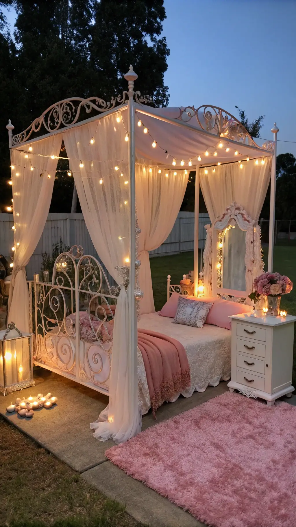 Luxury bedroom in a 12x14ft pink fantasy boudoir at twilight, featuring four-poster bed with white pearl metalwork and ombre curtains, vintage white vanity with LED string lights, plush pink rug, and romantic touches of crystal perfume bottles and fresh peonies.