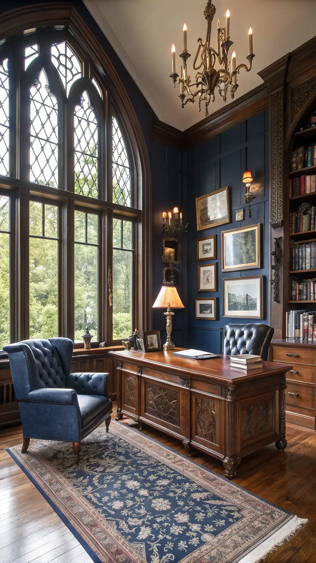 A vintage-inspired home office highlighted by golden hour light through Victorian windows, featuring a massive mahogany desk, navy walls, vintage photographs, and a distressed leather Chesterfield sofa.