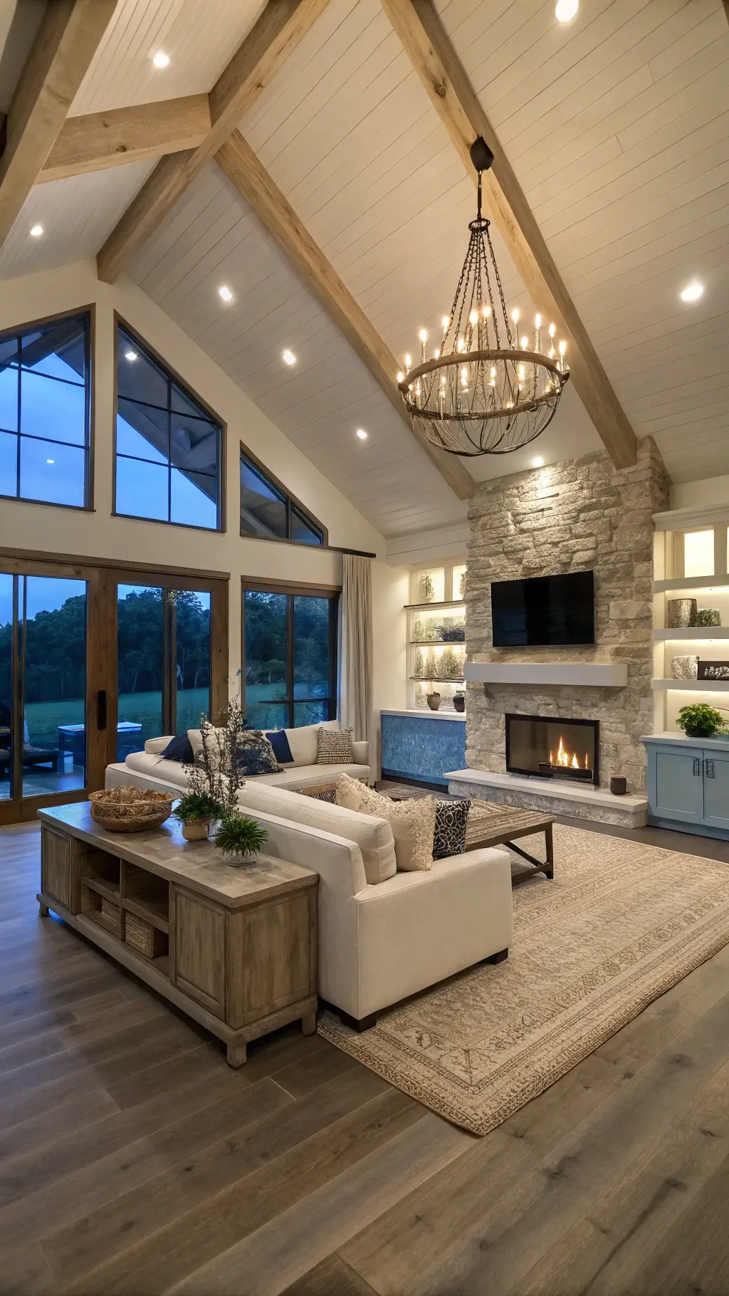 Elevated view of a spacious open-concept room at dusk, adorned with white oak beams, capiz shell chandelier, L-shaped sectional overlooking a stone fireplace, blue-and-white ceramic decorations, and limestone flooring covered with a sisal rug.