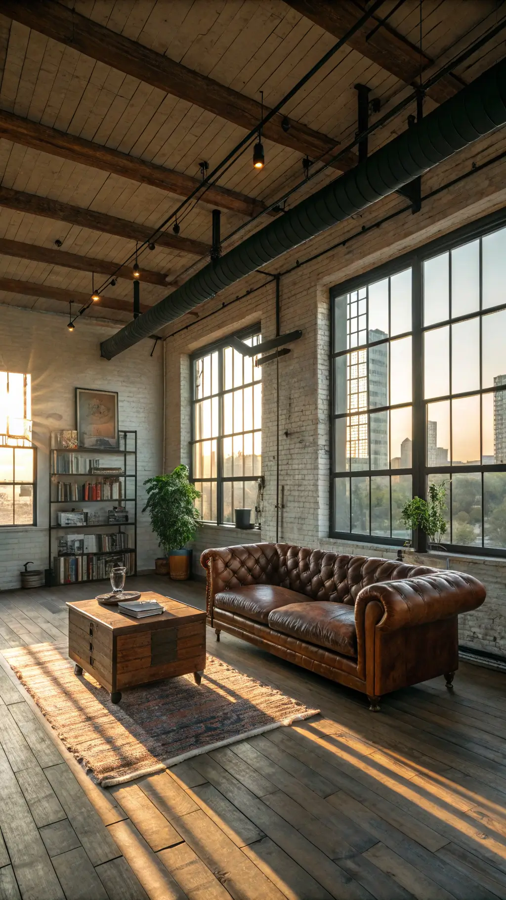 Sunlit industrial-style living room with exposed wooden beams, Chesterfield sofa, reclaimed wood coffee table, metal pipe shelving, sage green accent wall, and pendant lights.