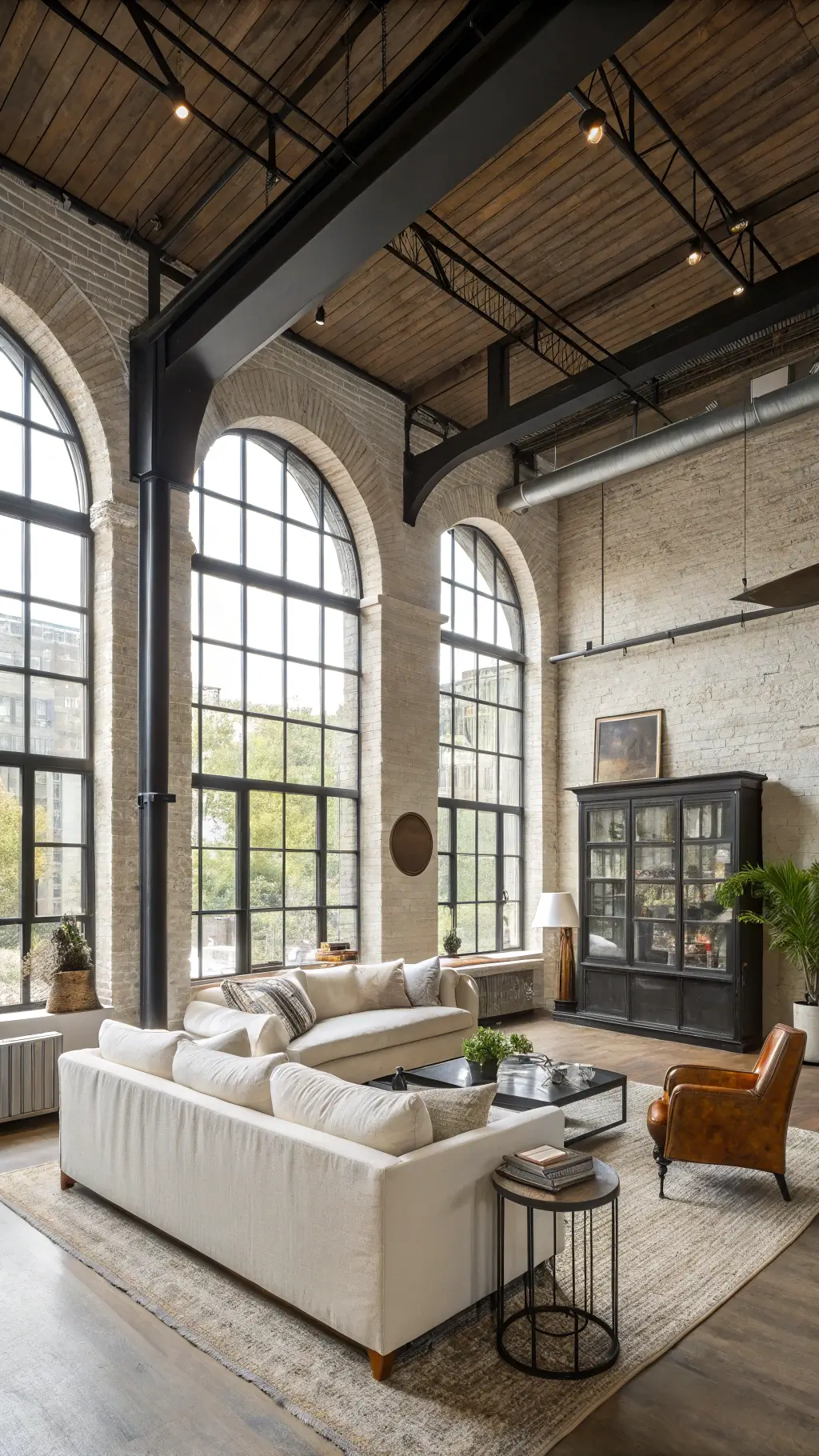 Bright, spacious corner living room with high ceilings, exposed black ductwork, large arched factory windows, cream sofa, leather armchairs, black metal and glass display cabinet filled with ceramics, and various textual layers including a sisal rug, wool throws, and grain sack pillows.