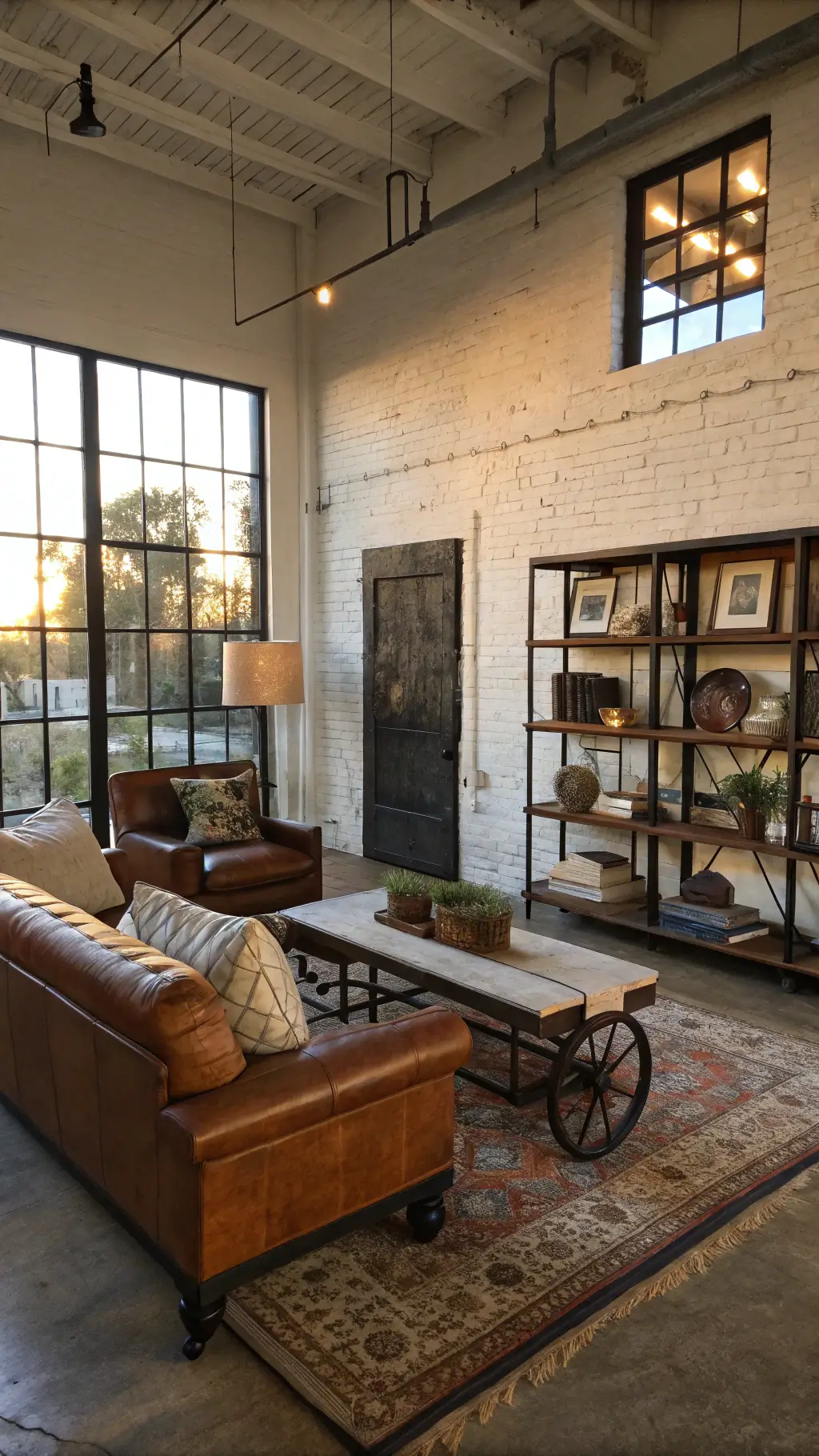 Warmly lit intimate living room with whitewashed brick walls, dark steel-framed windows, cognac leather sofa, industrial pipe frame chairs, vintage factory cart coffee table and iron pipe shelving displaying vintage pottery, viewed from doorway.