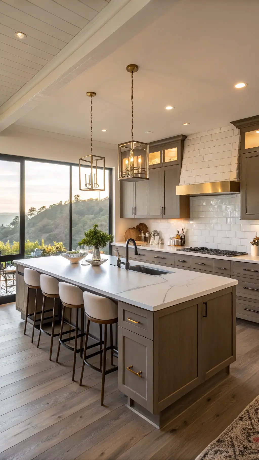 Modern kitchen with dark taupe cabinets, white quartz countertops, oak flooring, and matte brass hardware, bathed in golden hour light from a west-facing window.