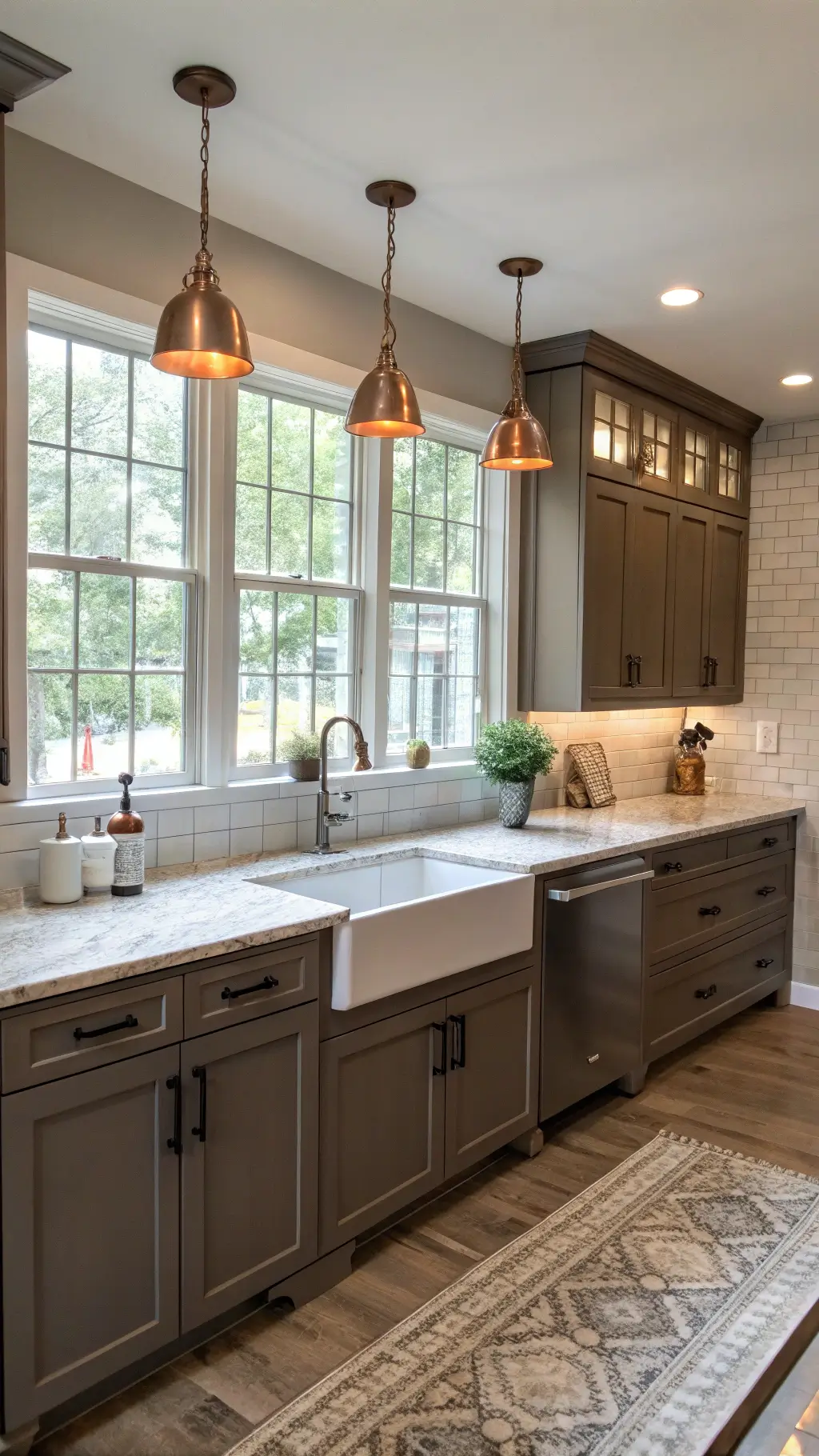 Beautifully lit transitional kitchen with dark taupe shaker cabinets, marble countertops, farmhouse sink, and copper pendant lights, styled with fresh produce and artisanal ceramics