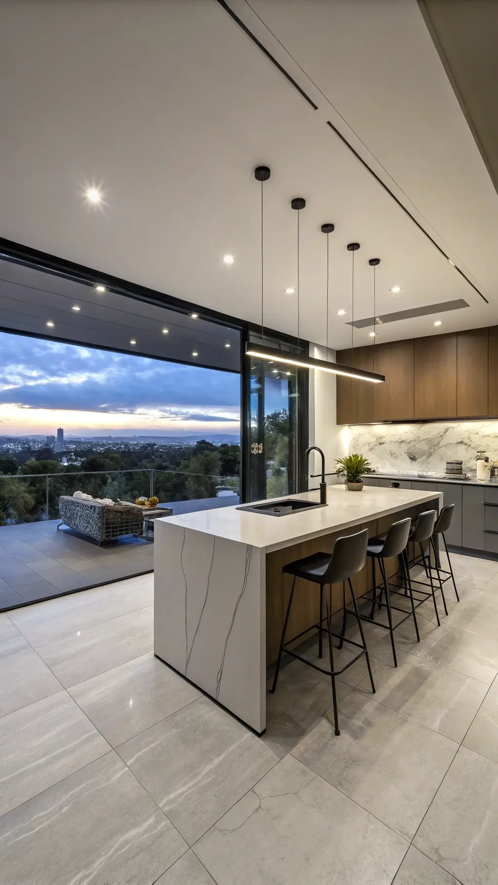 Contemporary open-concept kitchen at dusk with dark taupe cabinets, black granite waterfall island, matte black fixtures, large gray floor tiles, and floor-to-ceiling city view windows.