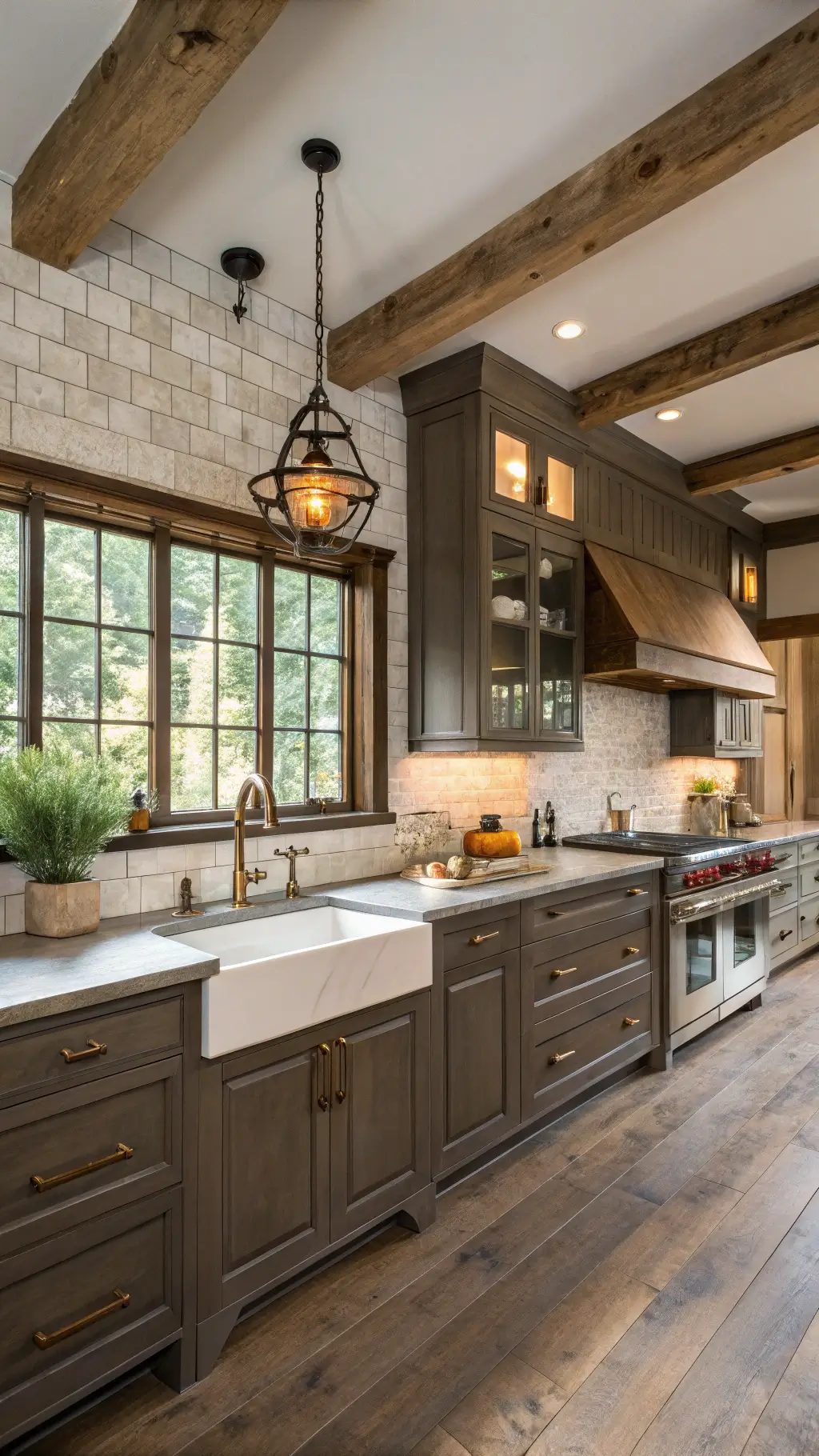 Rustic-modern kitchen with dark taupe cabinets, reclaimed wood accents, honed concrete counters and cream ceramic tile backsplash, lit by vintage pendant lights and bathed in afternoon light.