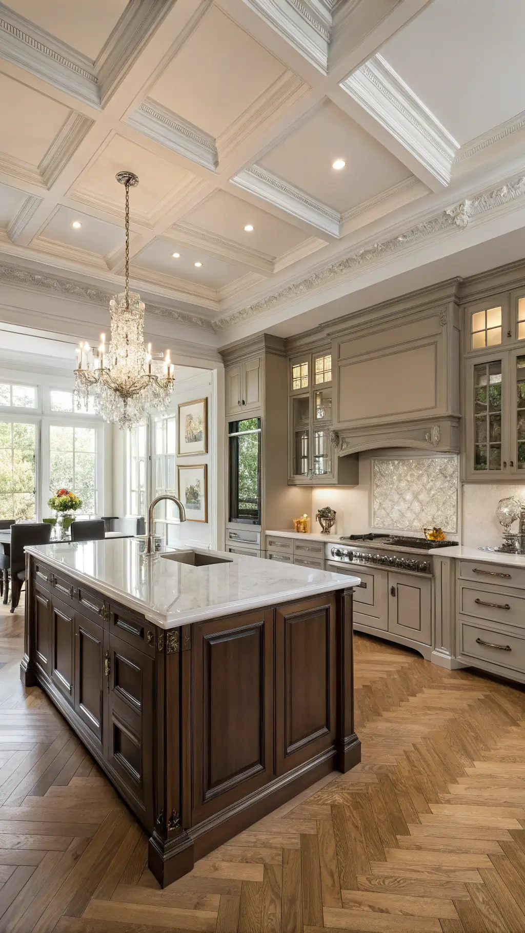 Elegant traditional kitchen with dark taupe cabinets, Calacatta marble counters, polished nickel fixtures, herringbone wood floors, and a crystal chandelier. Styled with silver serving pieces, white orchids, and crystal decanters under bright, even lighting.