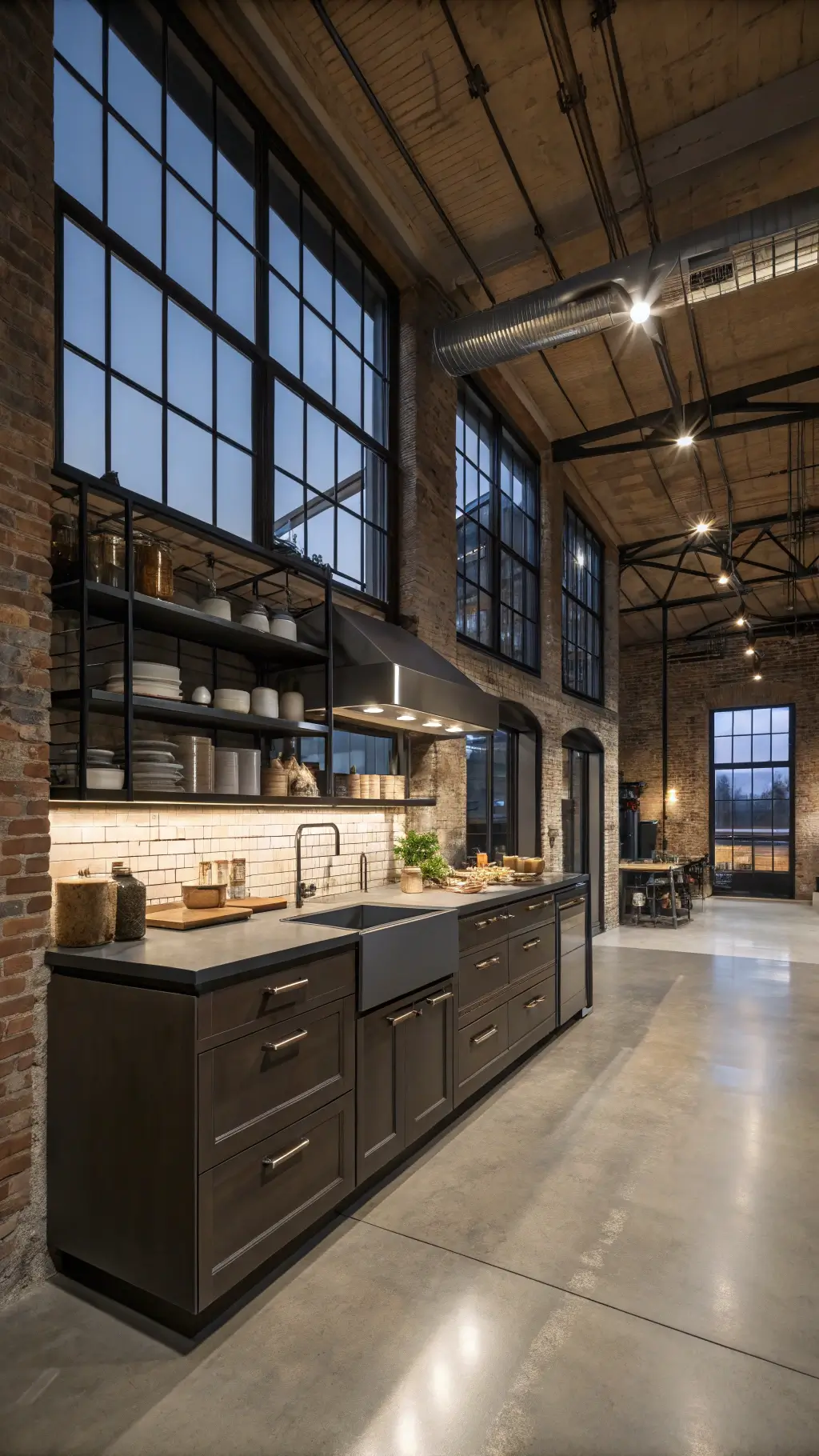 Industrial-chic loft kitchen with dark taupe cabinets, stainless steel counters, large factory windows and dramatic track lighting at twilight.