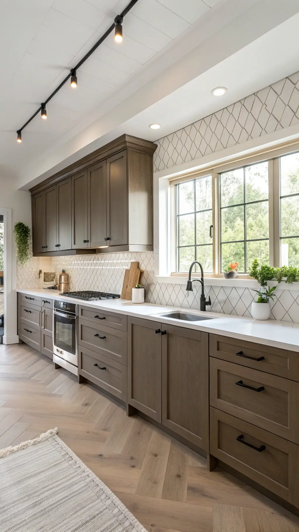Scandinavian-inspired kitchen with dark taupe cabinets, white oak finishes, and solid surface counters, bathed in soft morning light