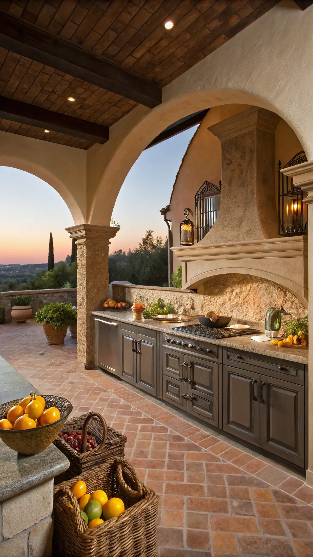 Mediterranean-style kitchen with dark taupe cabinets, limestone counters, and terracotta floor tiles, styled with ceramic vessels and citrus fruits in warm sunset lighting.