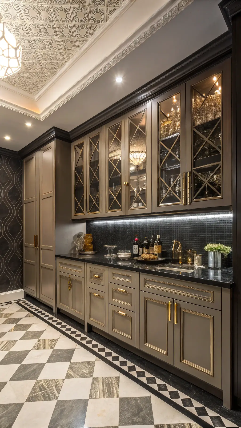 Art Deco-inspired kitchen with dark taupe geometric cabinets, black granite counters, metallic mosaic backsplash, checkerboard marble floor, and vintage barware under dramatic lighting.